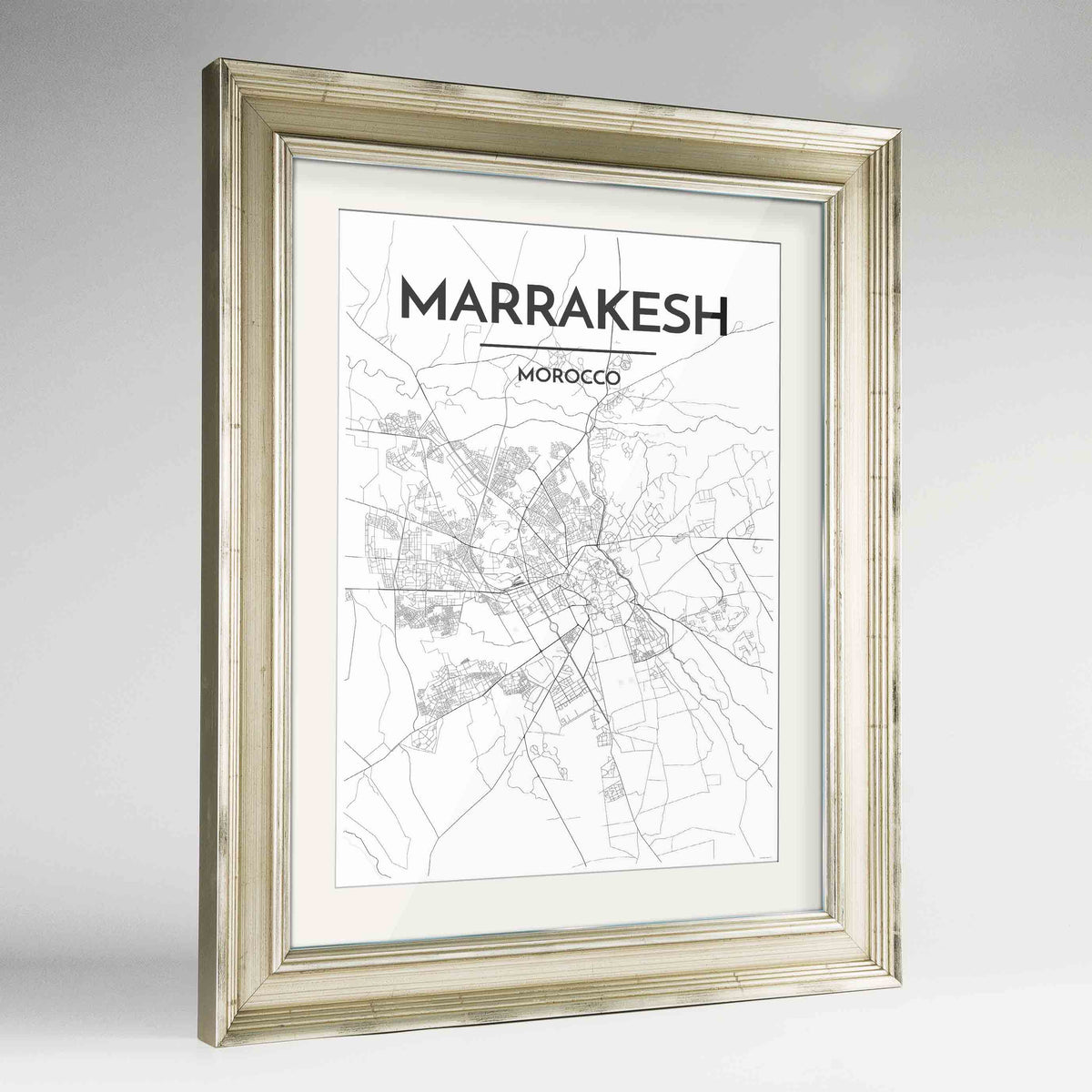 Framed Marrakesh Map Art Print 24x36&quot; Champagne frame Point Two Design Group