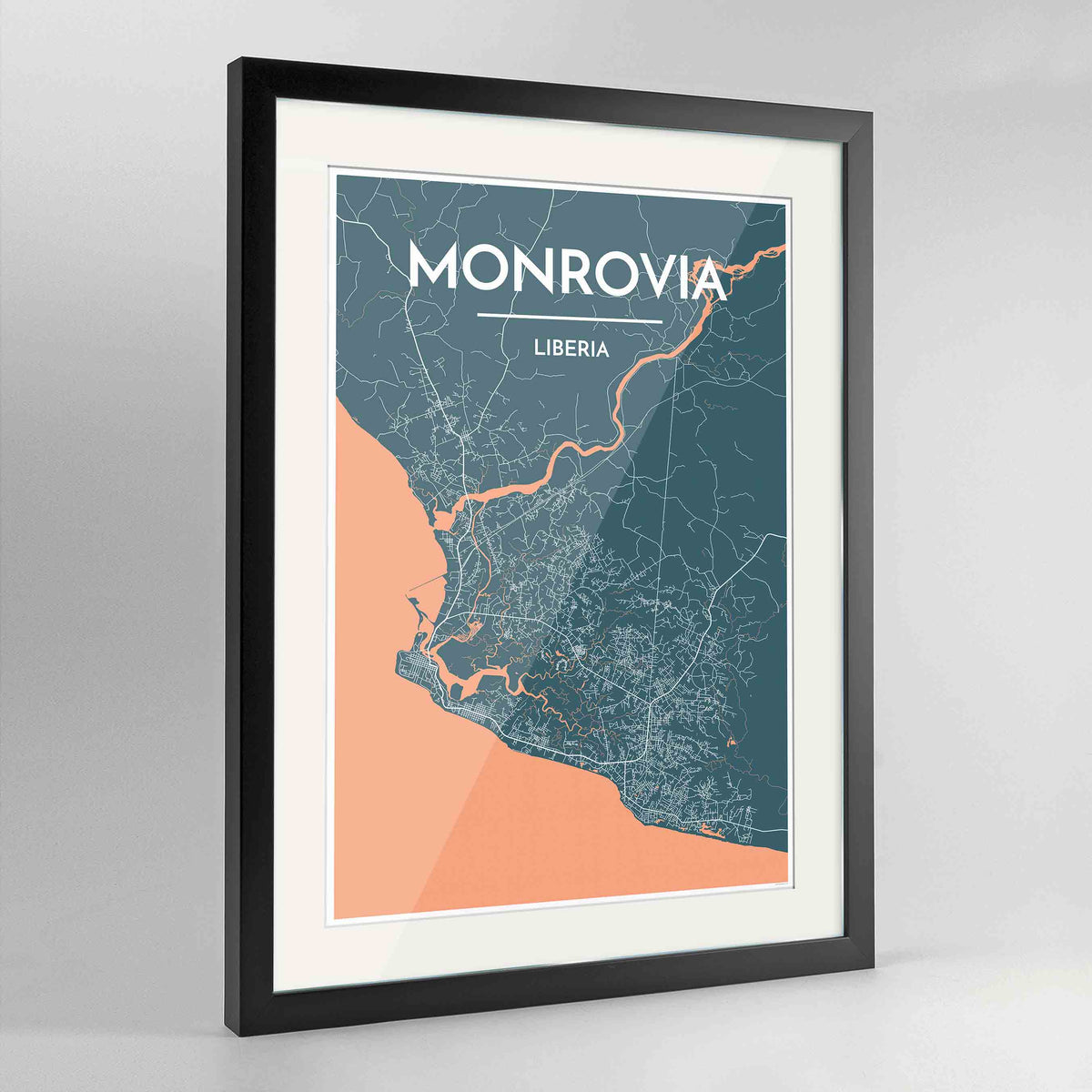 Framed Monrovia Map Art Print 24x36&quot; Contemporary Black frame Point Two Design Group