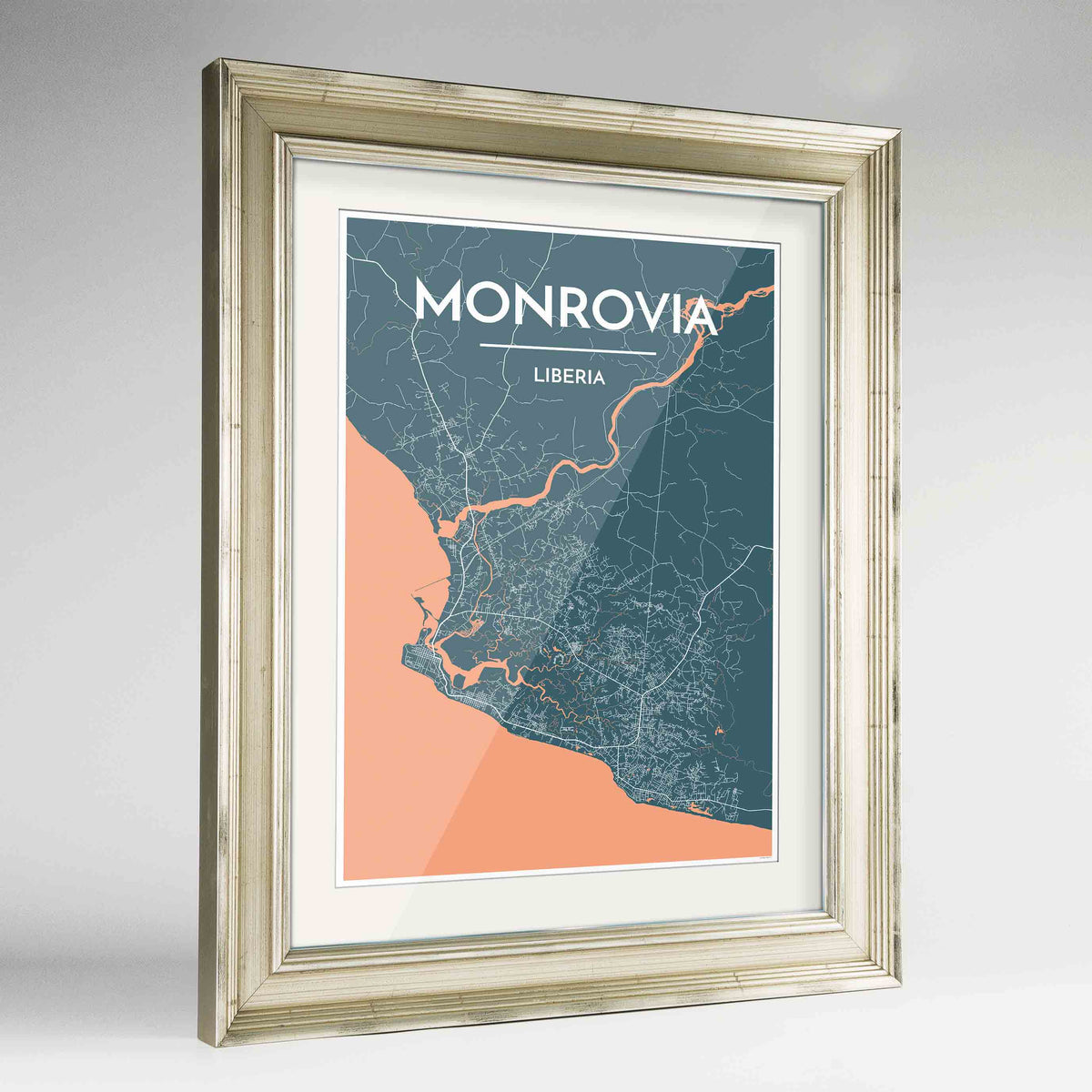 Framed Monrovia Map Art Print 24x36&quot; Champagne frame Point Two Design Group