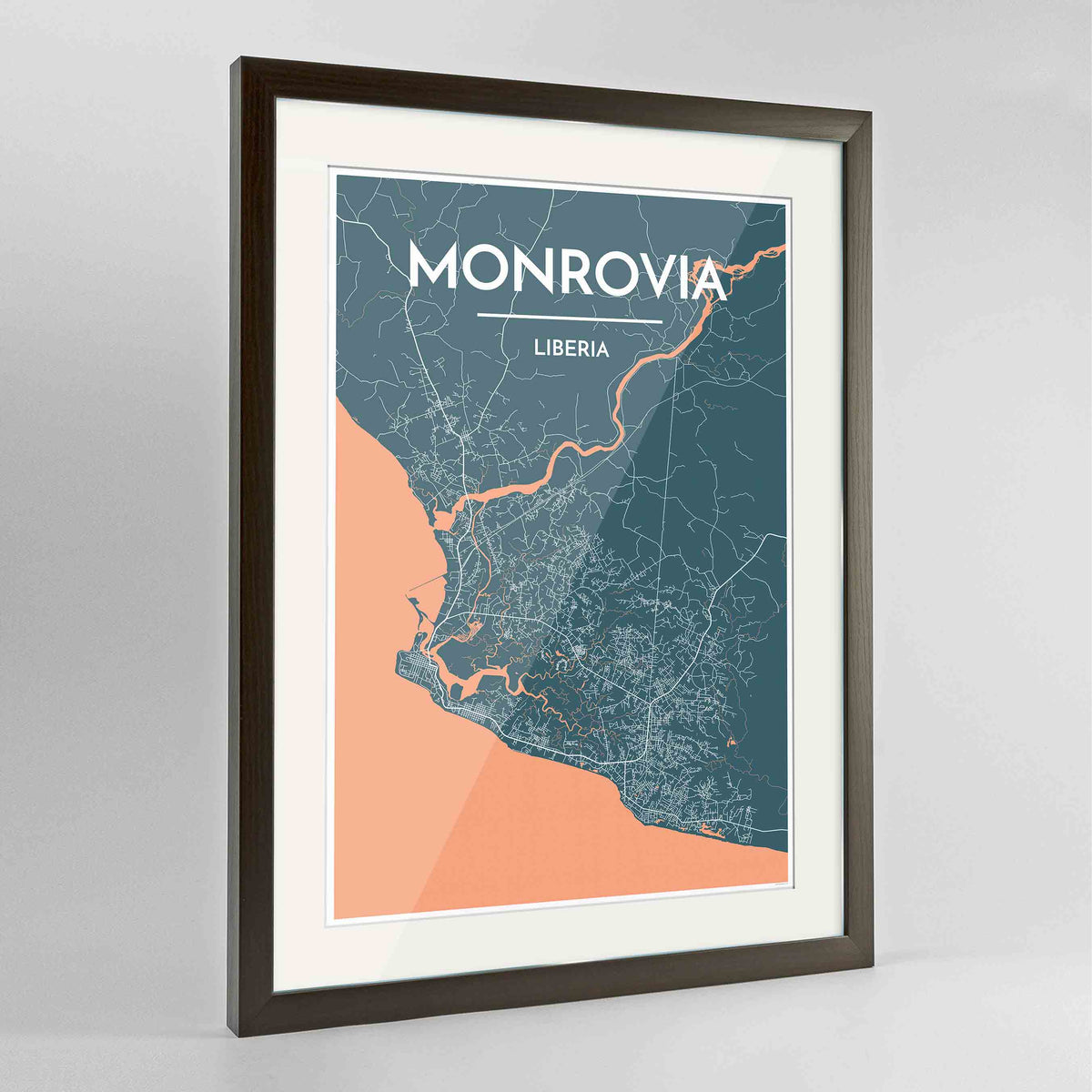 Framed Monrovia Map Art Print 24x36&quot; Contemporary Walnut frame Point Two Design Group
