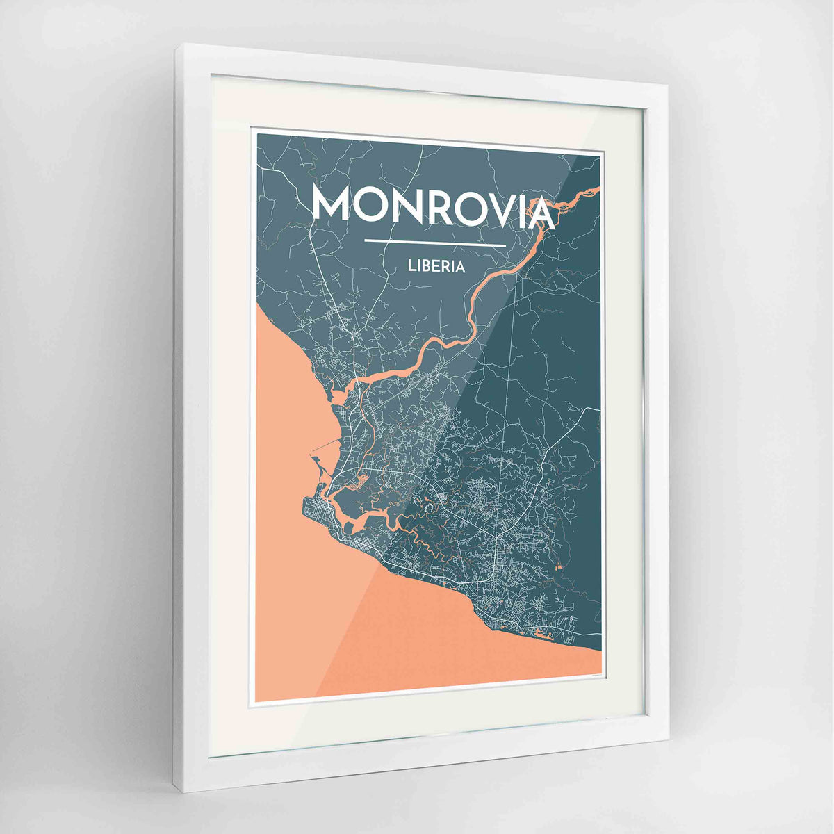 Framed Monrovia Map Art Print 24x36&quot; Contemporary White frame Point Two Design Group