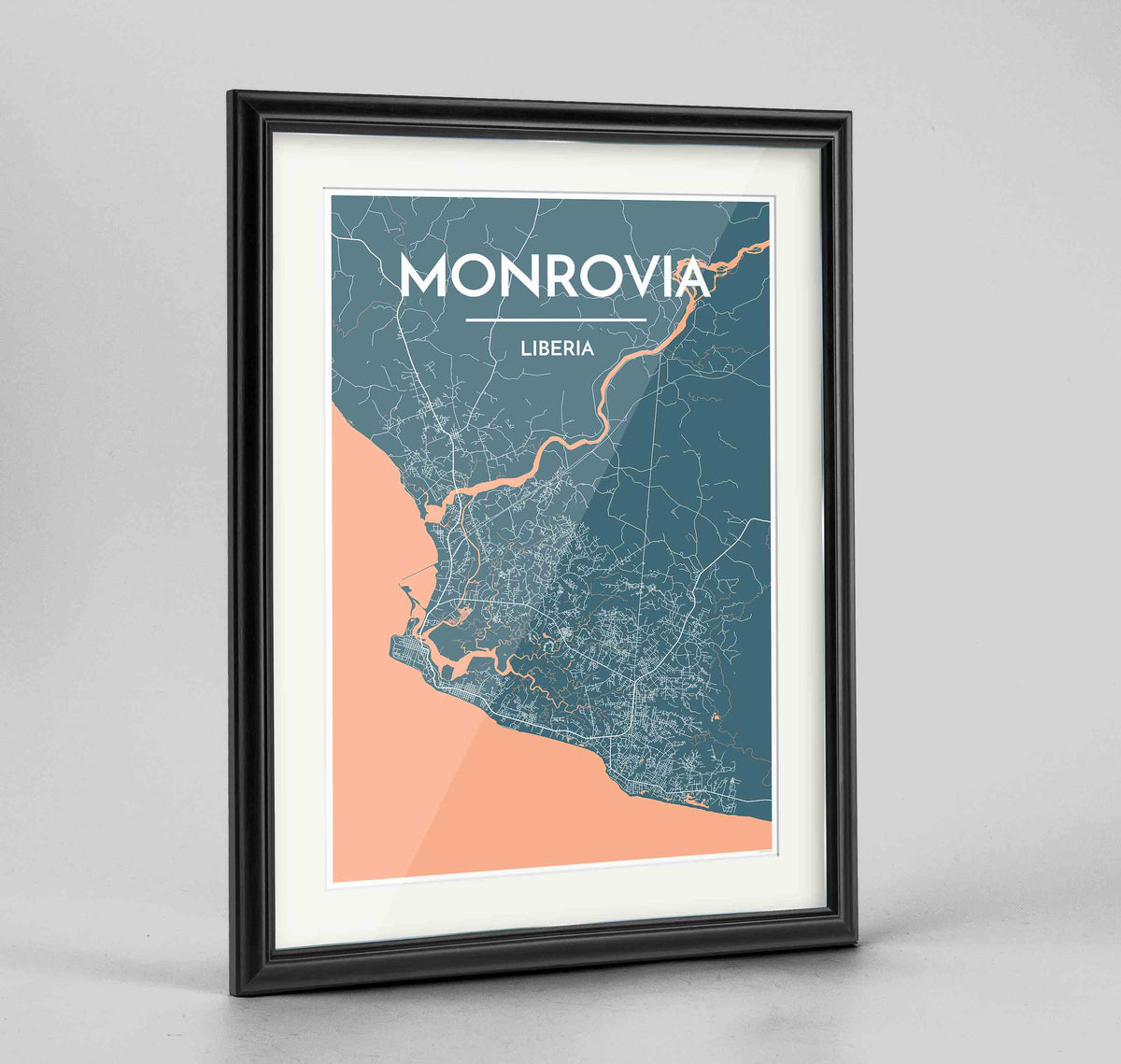 Framed Monrovia Map Art Print 24x36&quot; Traditional Black frame Point Two Design Group