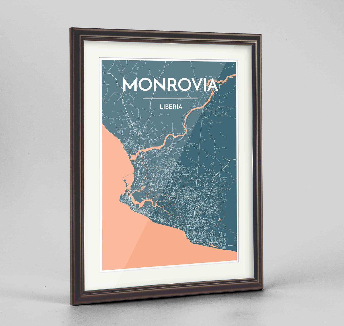 Framed Monrovia Map Art Print 24x36&quot; Traditional Walnut frame Point Two Design Group