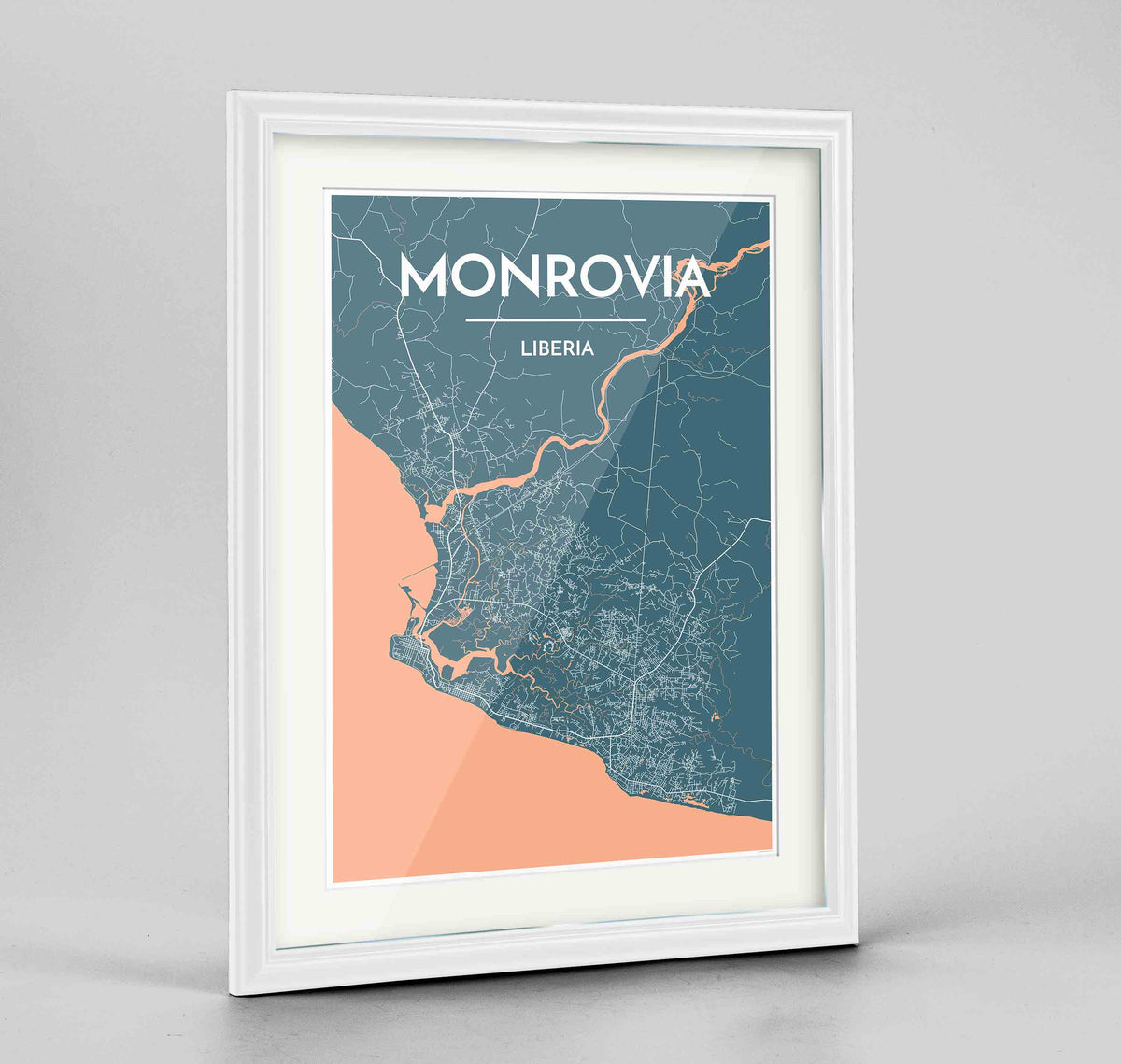 Framed Monrovia Map Art Print 24x36&quot; Traditional White frame Point Two Design Group