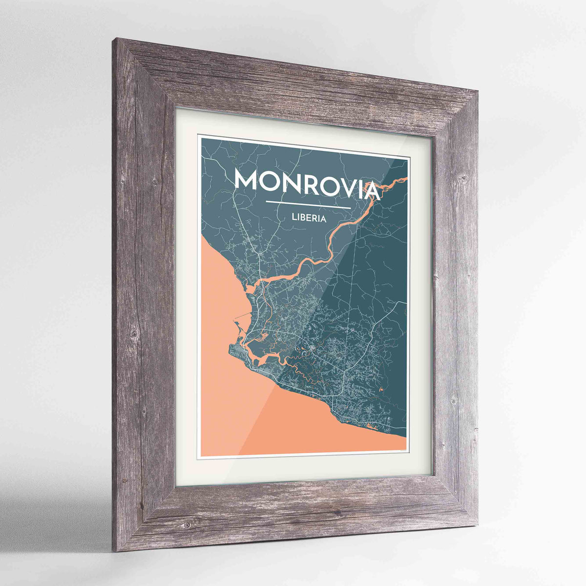 Framed Monrovia Map Art Print 24x36&quot; Western Grey frame Point Two Design Group