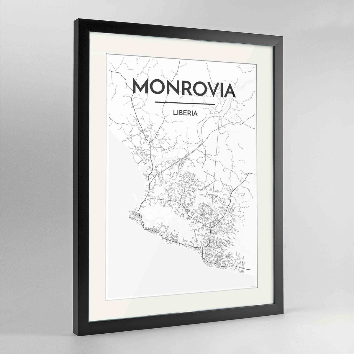 Framed Monrovia Map Art Print 24x36&quot; Contemporary Black frame Point Two Design Group