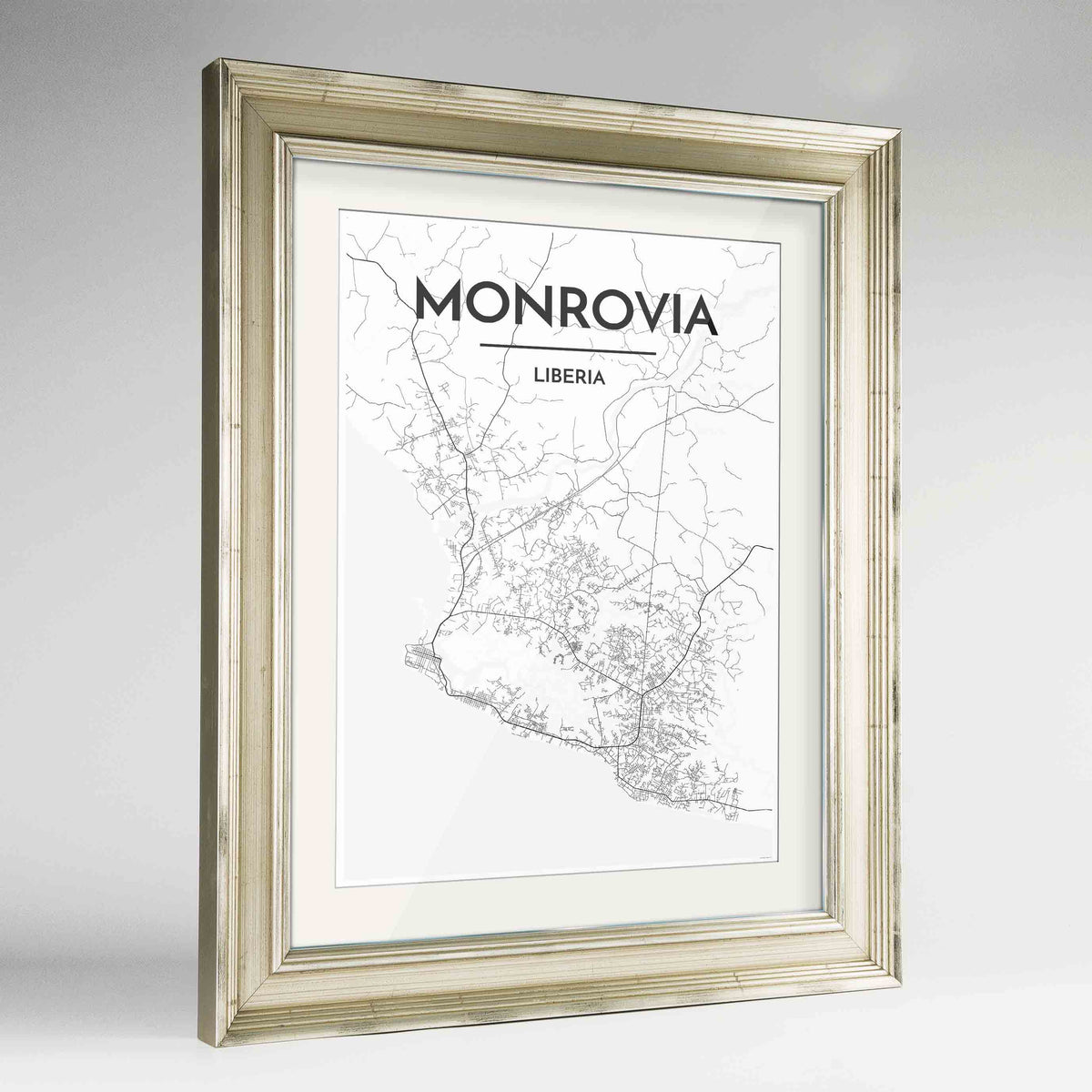 Framed Monrovia Map Art Print 24x36&quot; Champagne frame Point Two Design Group