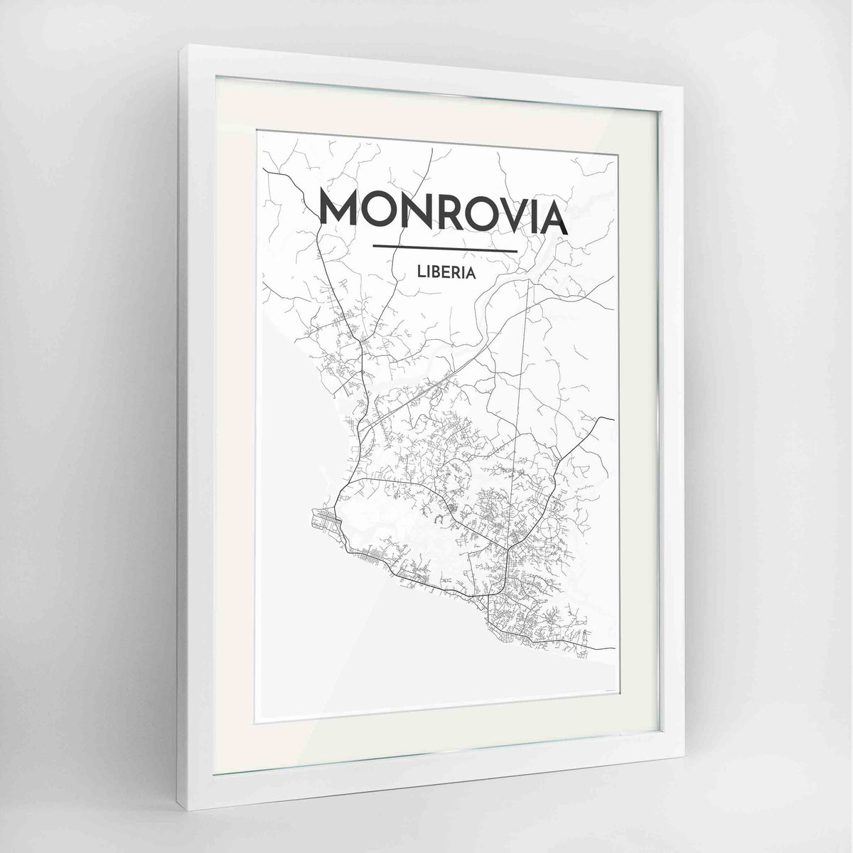 Framed Monrovia Map Art Print 24x36&quot; Contemporary White frame Point Two Design Group