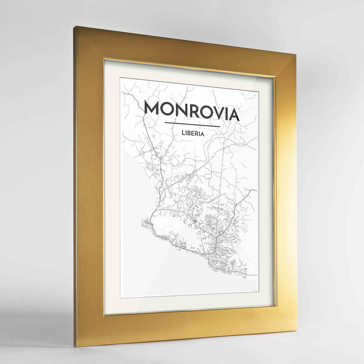 Framed Monrovia Map Art Print 24x36&quot; Gold frame Point Two Design Group