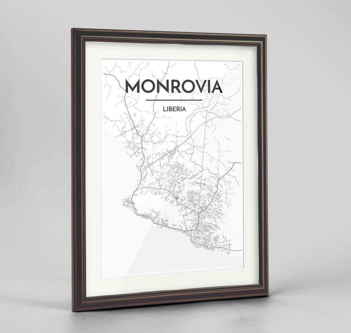 Framed Monrovia Map Art Print 24x36&quot; Traditional Walnut frame Point Two Design Group