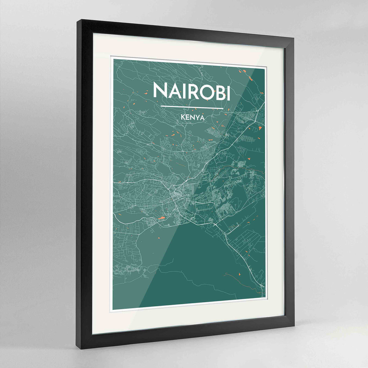 Framed Nairobi Map Art Print 24x36&quot; Contemporary Black frame Point Two Design Group