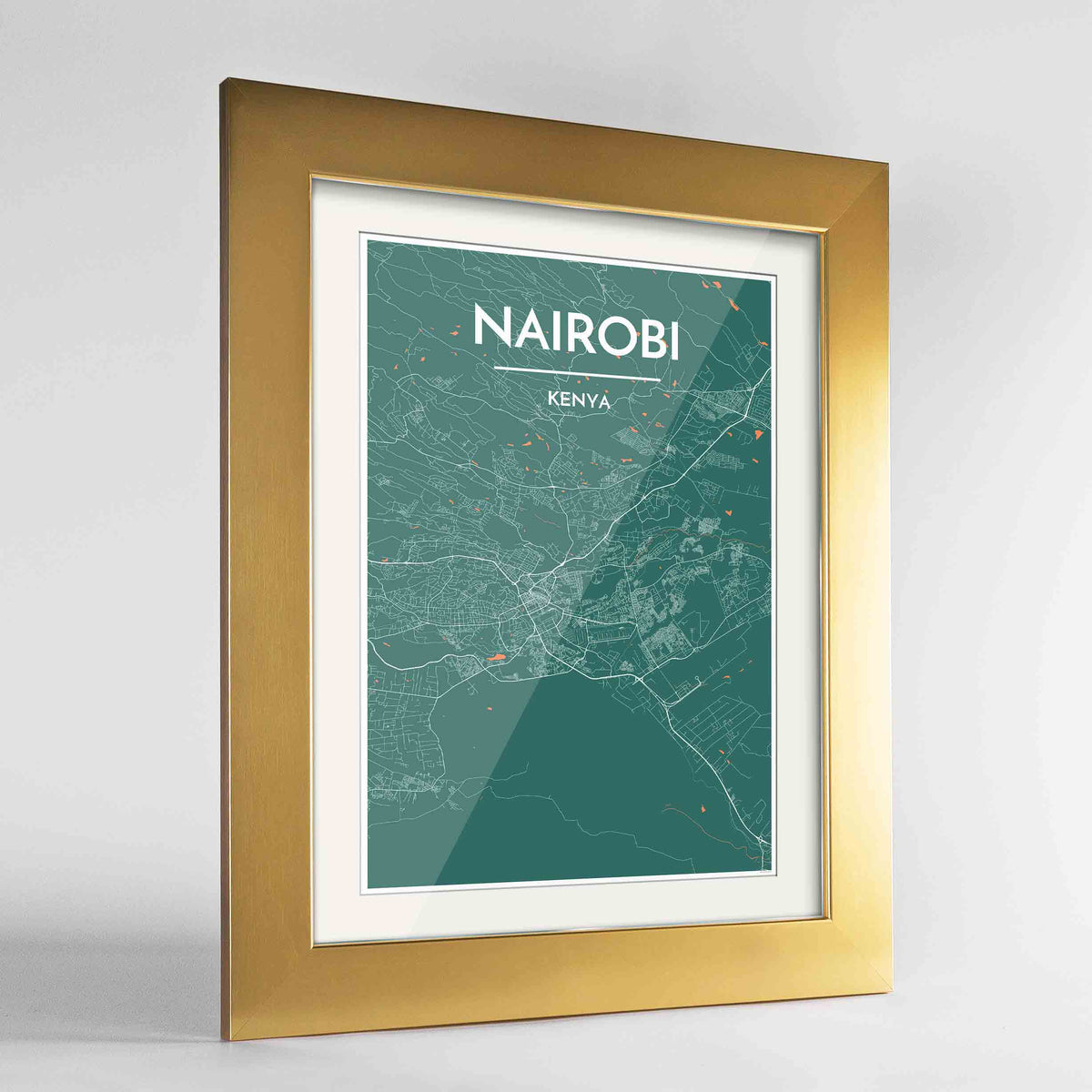 Framed Nairobi Map Art Print 24x36&quot; Gold frame Point Two Design Group