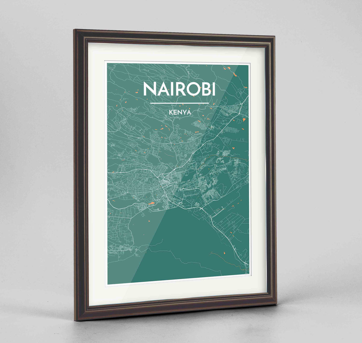 Framed Nairobi Map Art Print 24x36&quot; Traditional Walnut frame Point Two Design Group