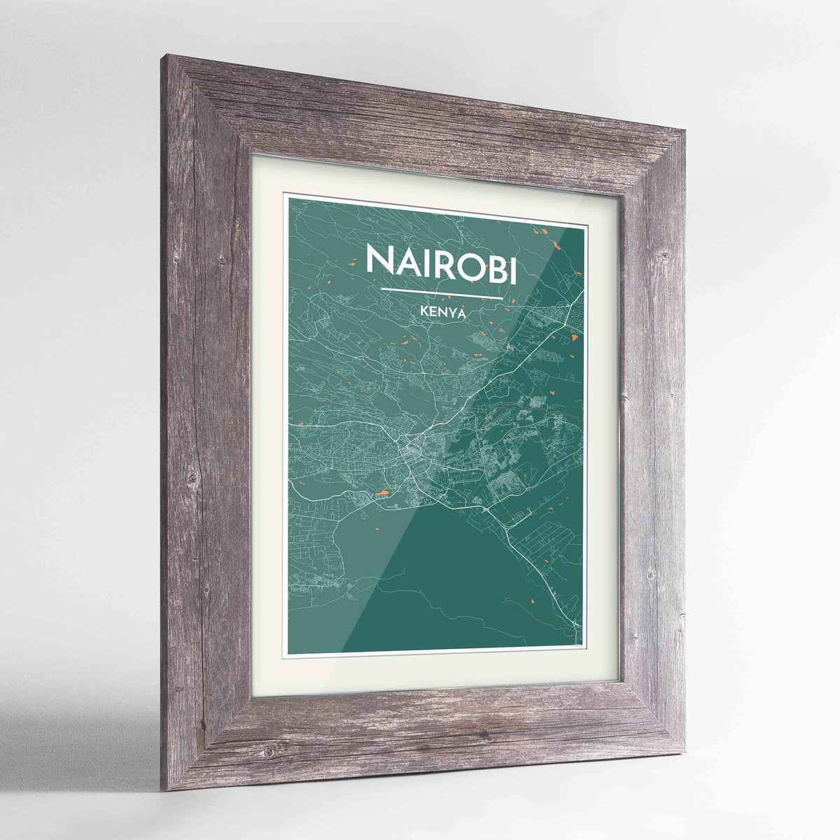 Framed Nairobi Map Art Print 24x36&quot; Western Grey frame Point Two Design Group