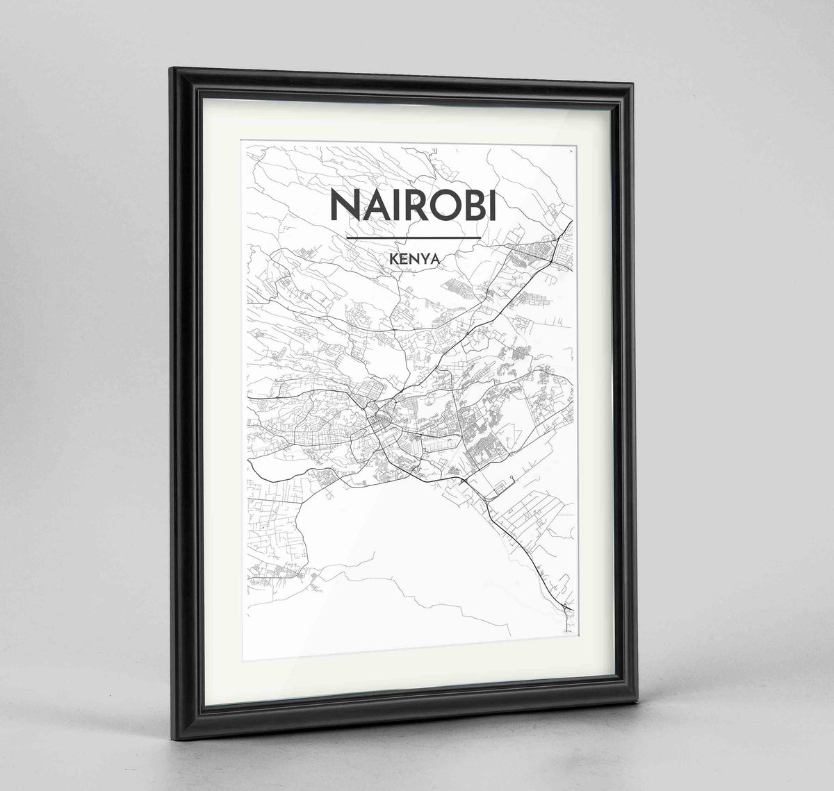 Framed Nairobi Map Art Print 24x36&quot; Traditional Black frame Point Two Design Group