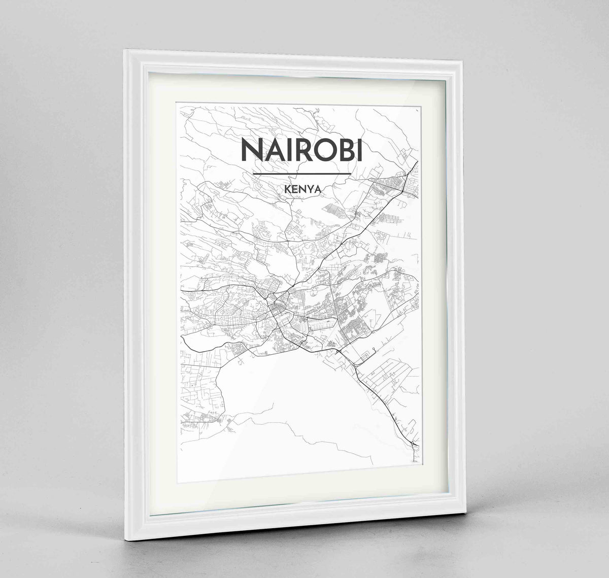 Framed Nairobi Map Art Print 24x36&quot; Traditional White frame Point Two Design Group
