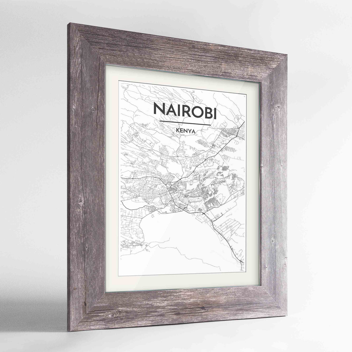 Framed Nairobi Map Art Print 24x36&quot; Western Grey frame Point Two Design Group
