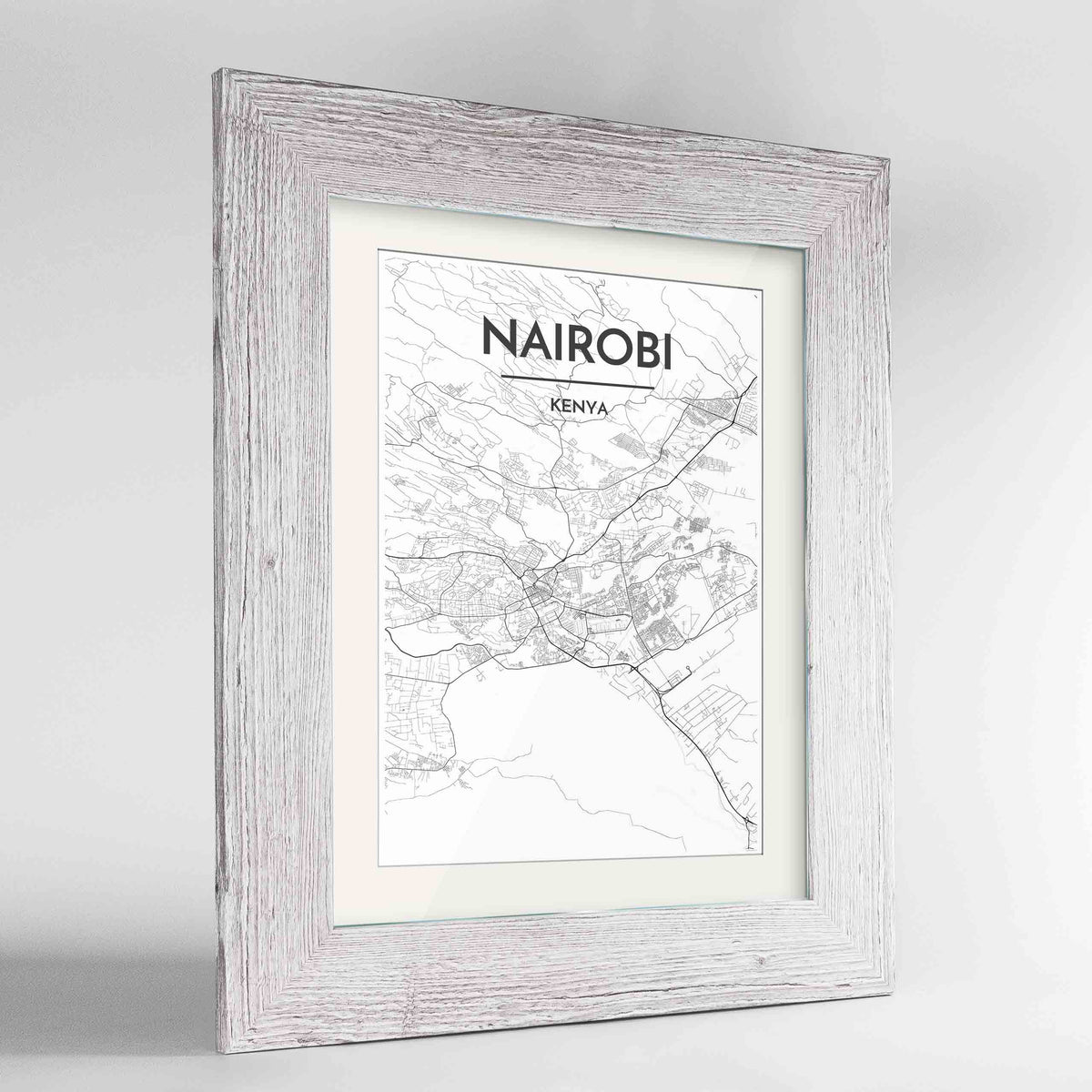 Framed Nairobi Map Art Print 24x36&quot; Western White frame Point Two Design Group