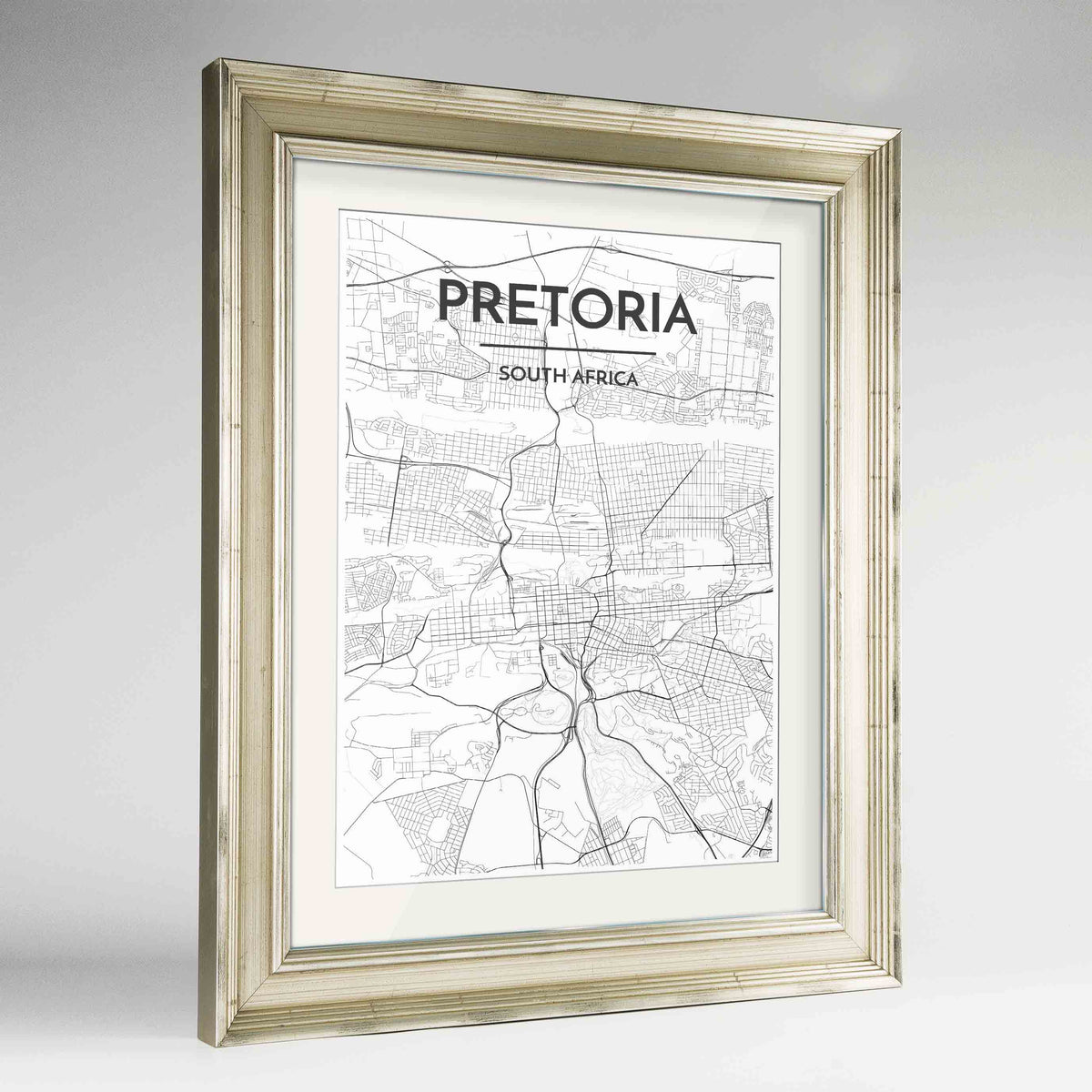 Framed Pretoria Map Art Print 24x36&quot; Champagne frame Point Two Design Group