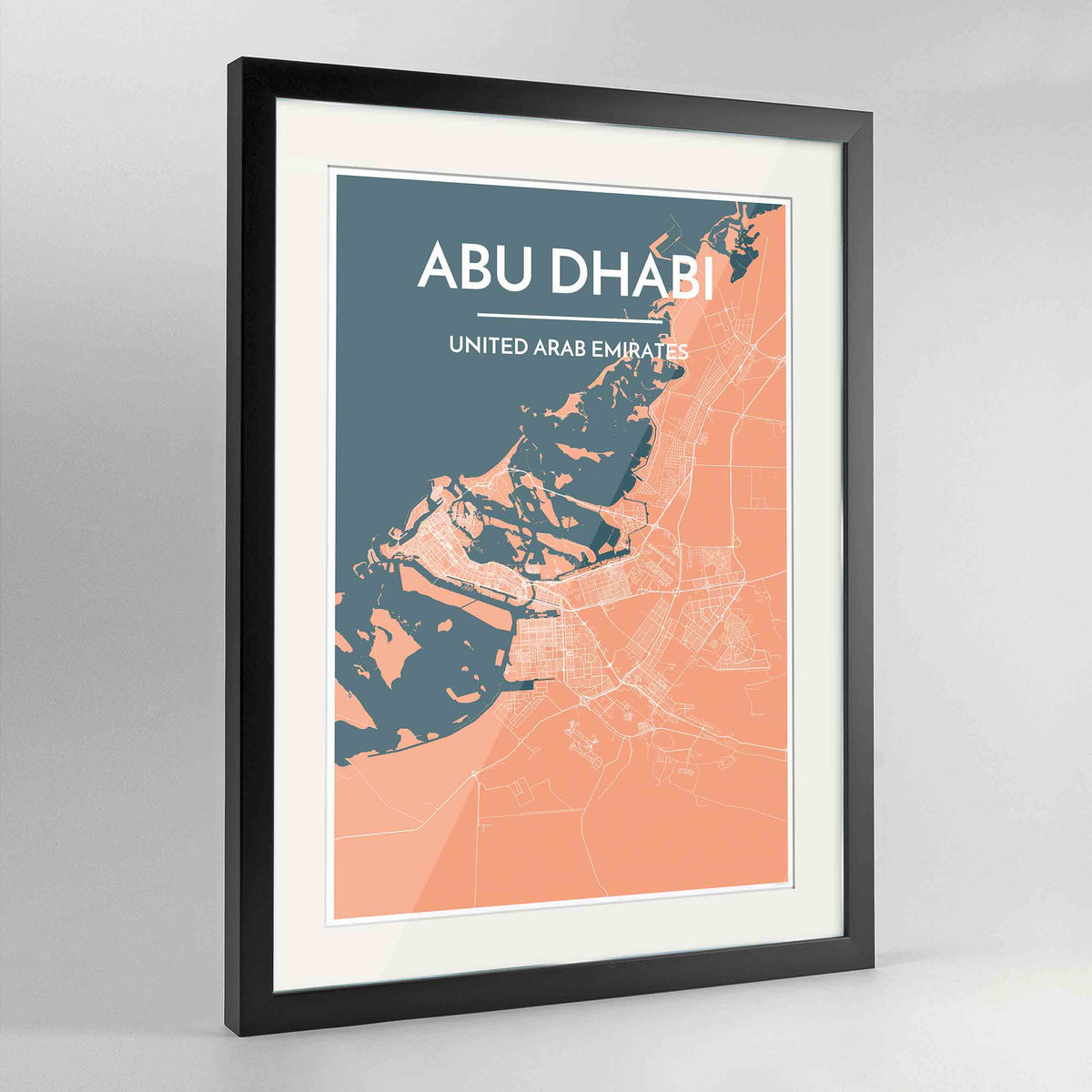 Framed Abu Dhabi Map Art Print 24x36&quot; Contemporary Black frame Point Two Design Group