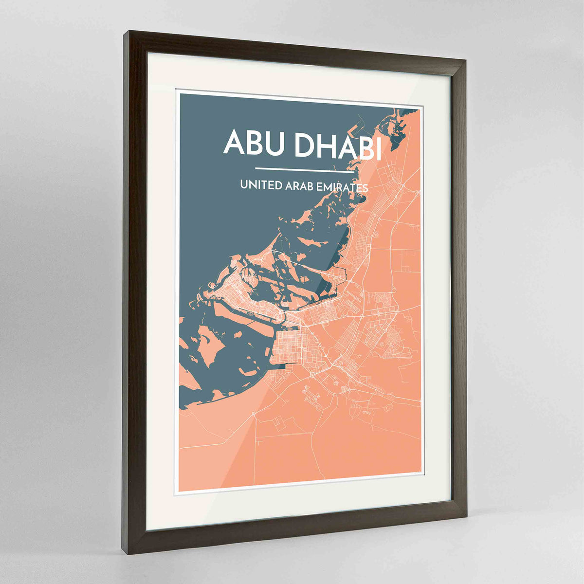 Framed Abu Dhabi Map Art Print 24x36&quot; Contemporary Walnut frame Point Two Design Group
