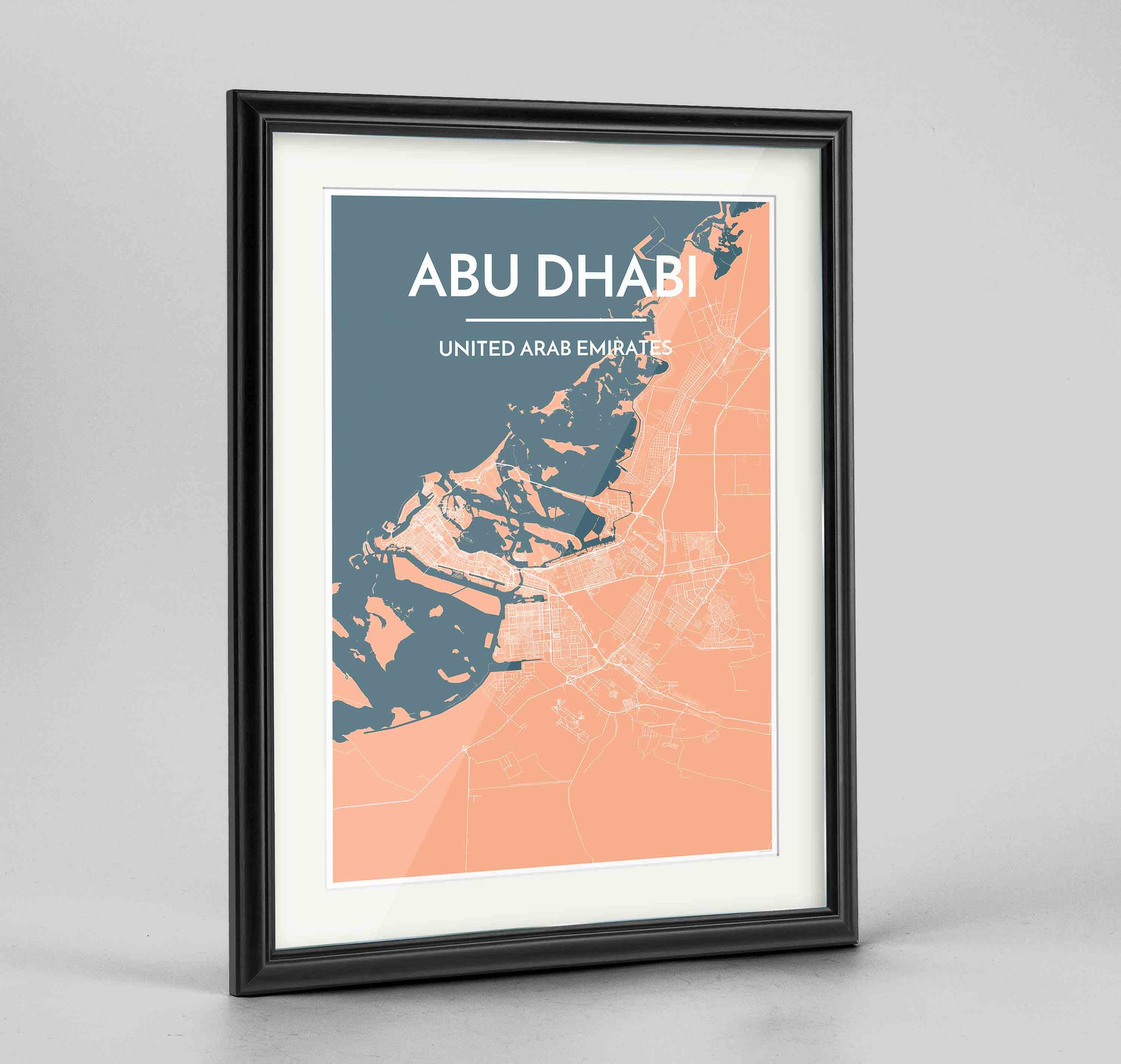 Framed Abu Dhabi Map Art Print 24x36" Traditional Black frame Point Two Design Group