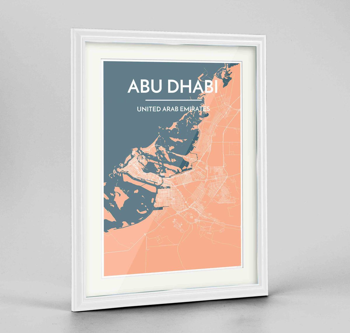 Framed Abu Dhabi Map Art Print 24x36&quot; Traditional White frame Point Two Design Group