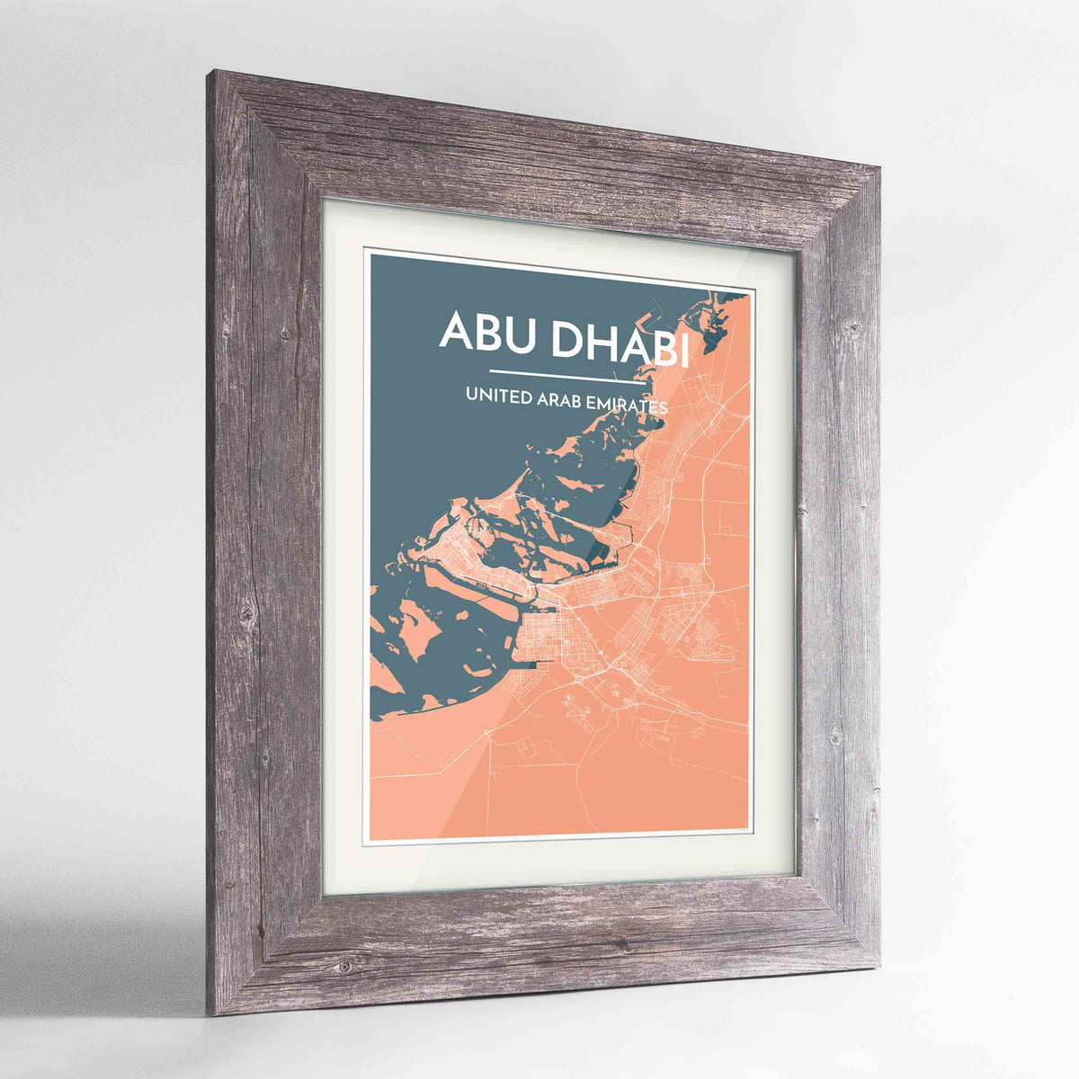 Framed Abu Dhabi Map Art Print 24x36&quot; Western Grey frame Point Two Design Group