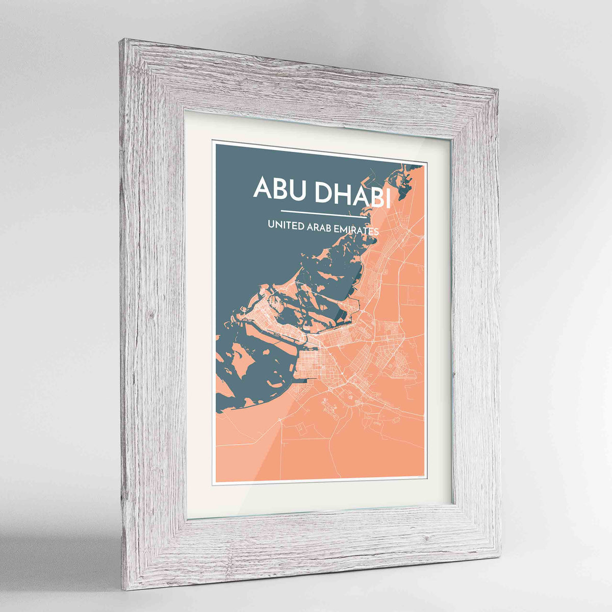 Framed Abu Dhabi Map Art Print 24x36&quot; Western White frame Point Two Design Group