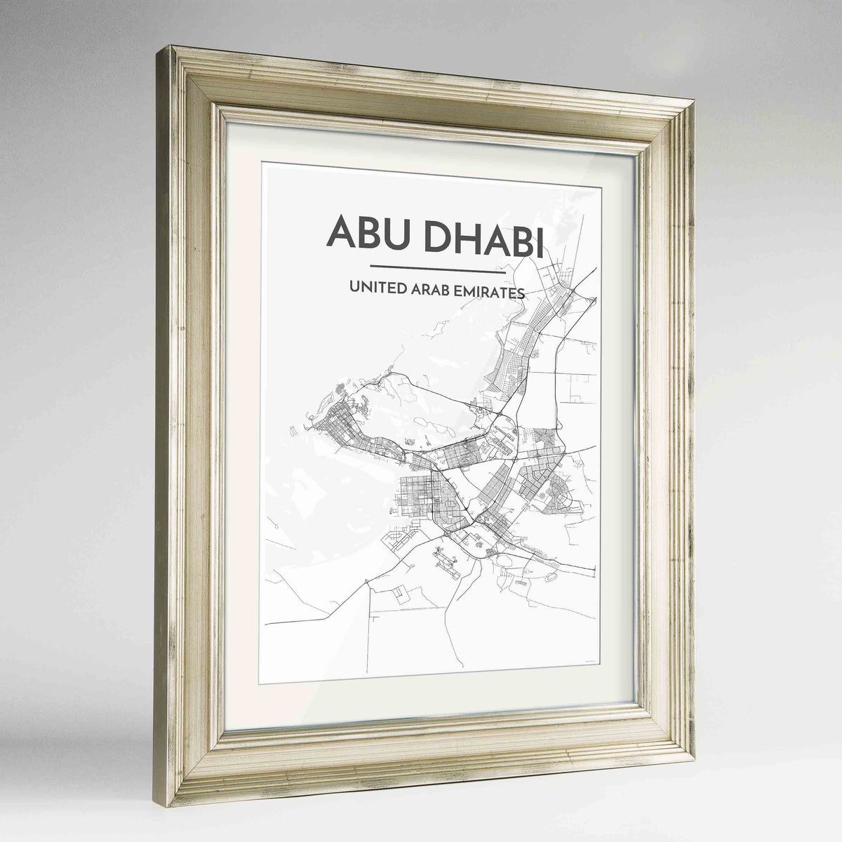 Framed Abu Dhabi Map Art Print 24x36&quot; Champagne frame Point Two Design Group