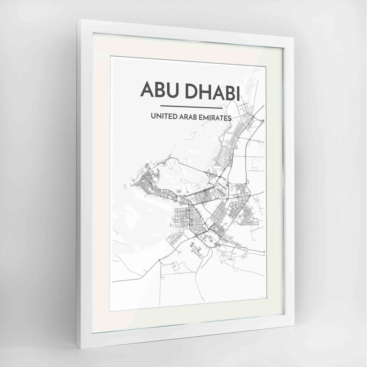 Framed Abu Dhabi Map Art Print 24x36&quot; Contemporary White frame Point Two Design Group