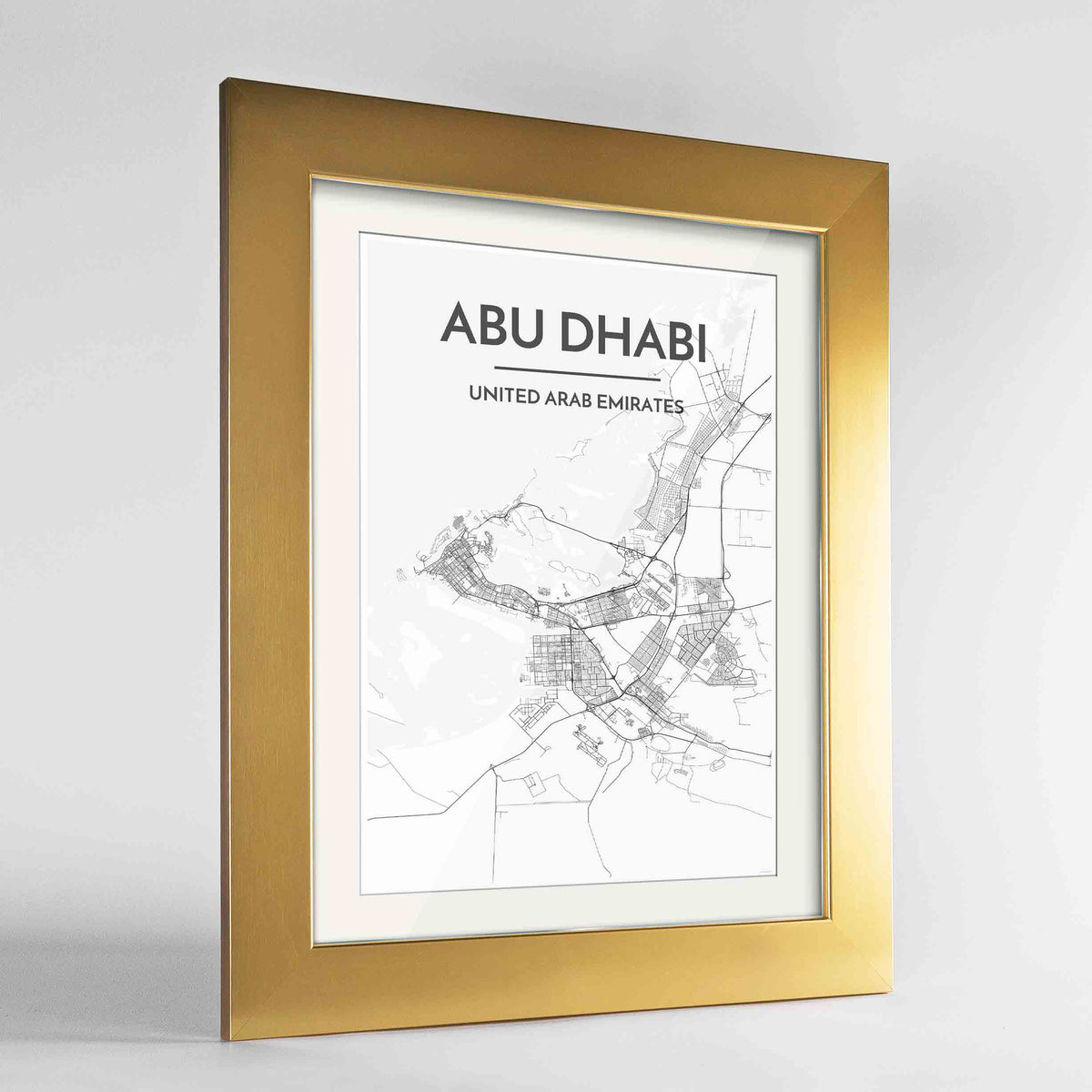 Framed Abu Dhabi Map Art Print 24x36&quot; Gold frame Point Two Design Group