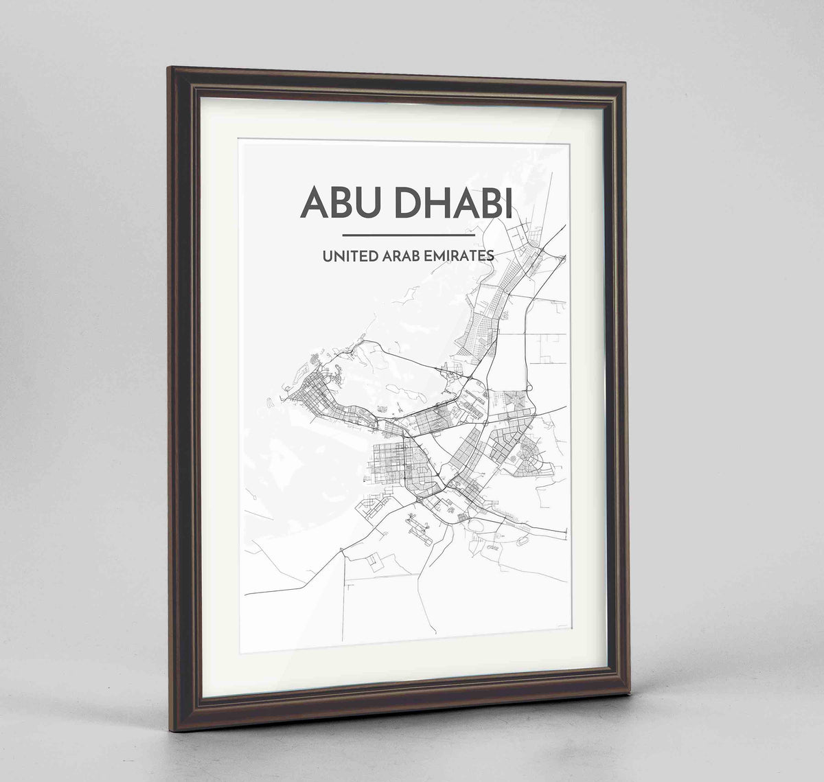 Framed Abu Dhabi Map Art Print 24x36&quot; Traditional Walnut frame Point Two Design Group