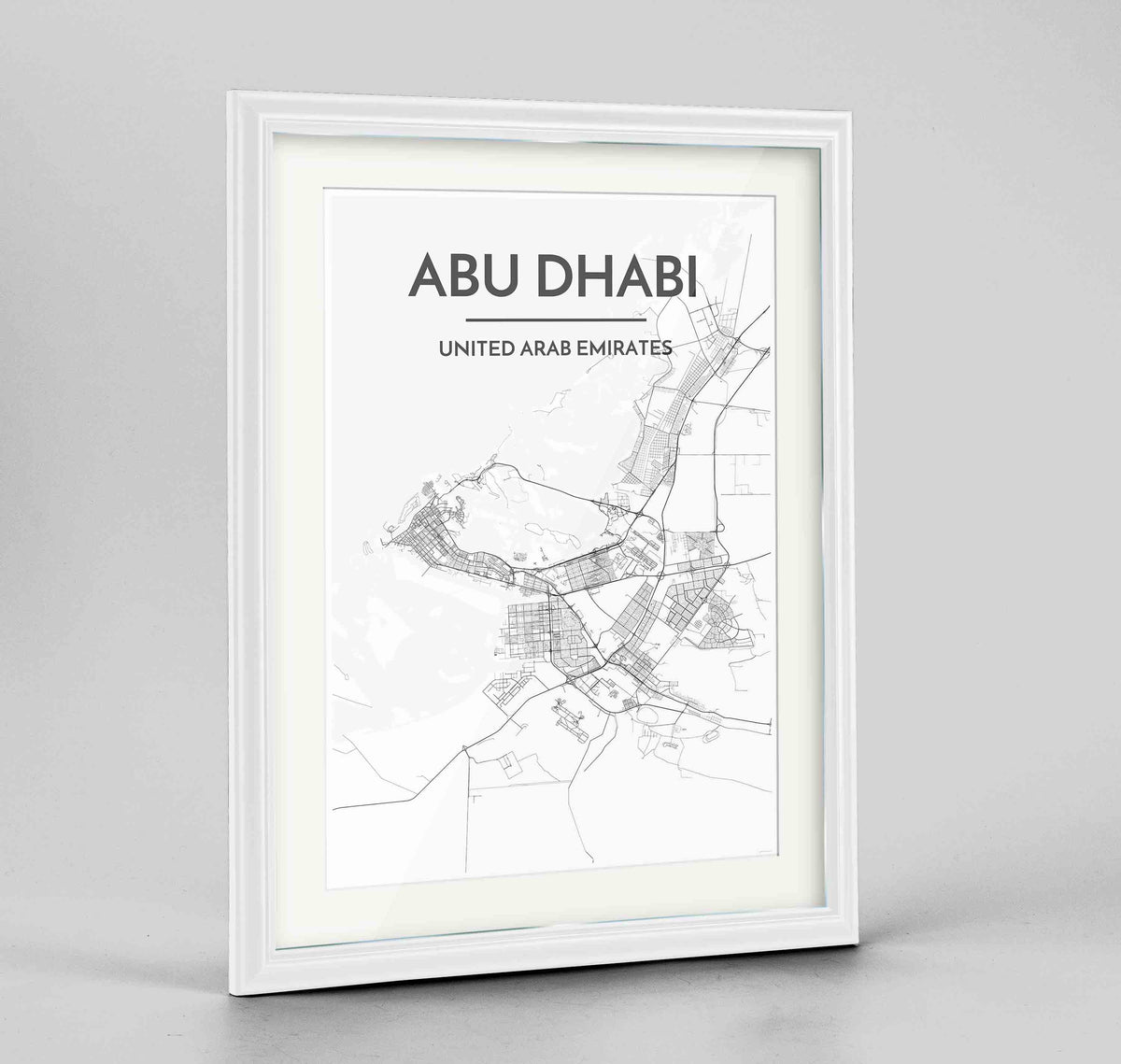 Framed Abu Dhabi Map Art Print 24x36&quot; Traditional White frame Point Two Design Group