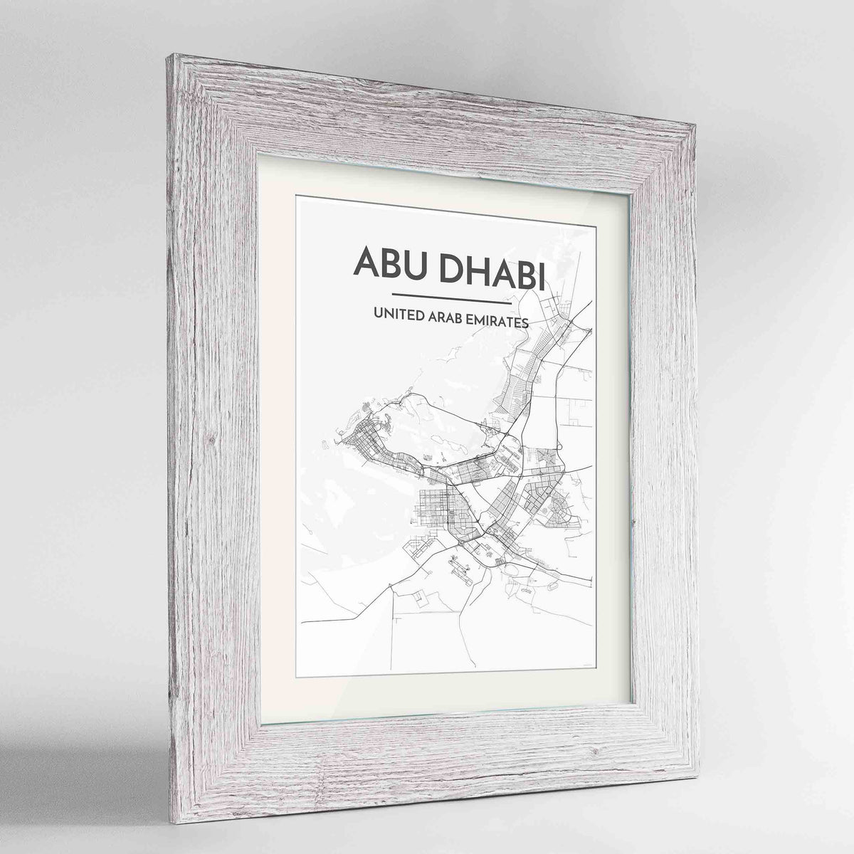 Framed Abu Dhabi Map Art Print 24x36&quot; Western White frame Point Two Design Group