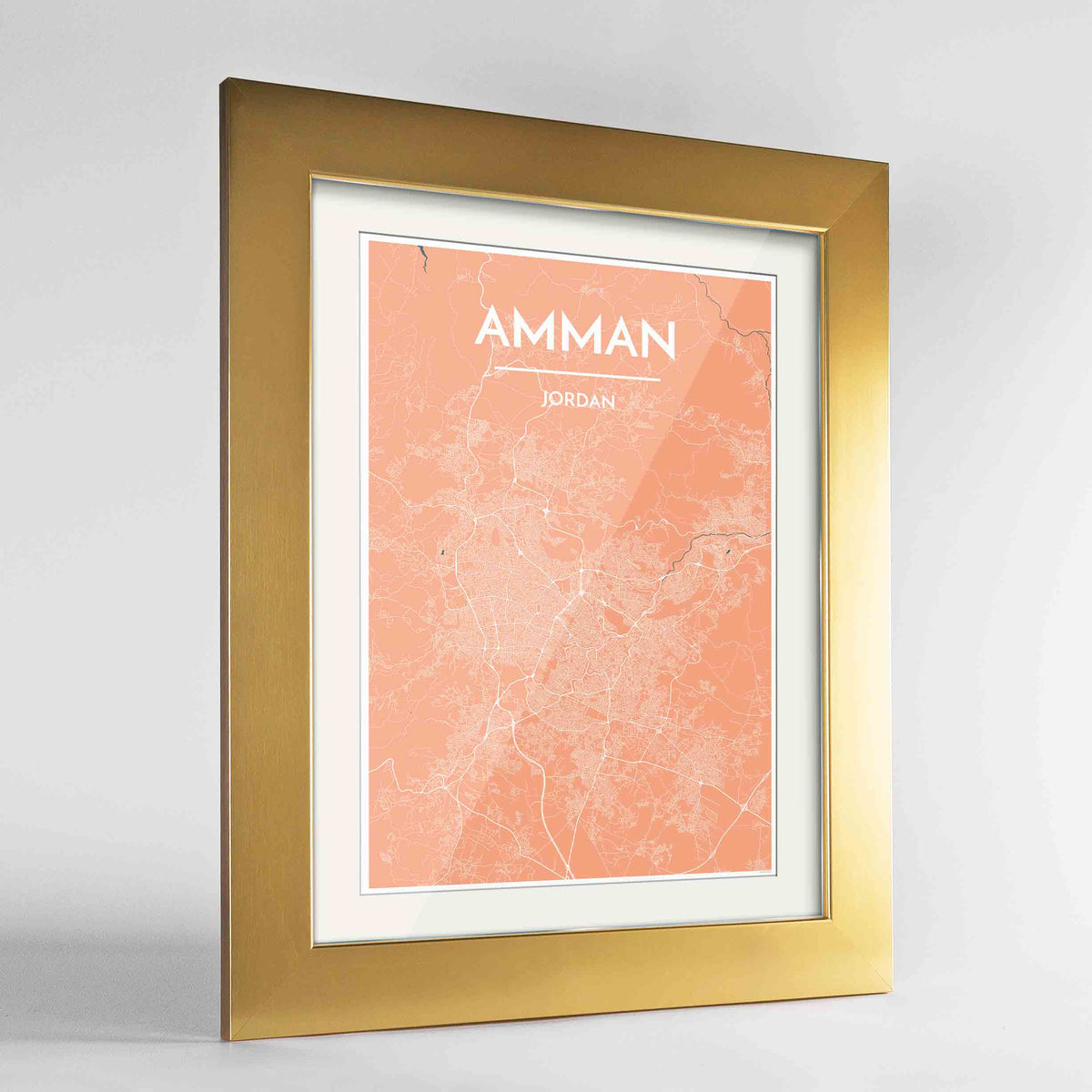 Framed Amman Map Art Print 24x36&quot; Gold frame Point Two Design Group