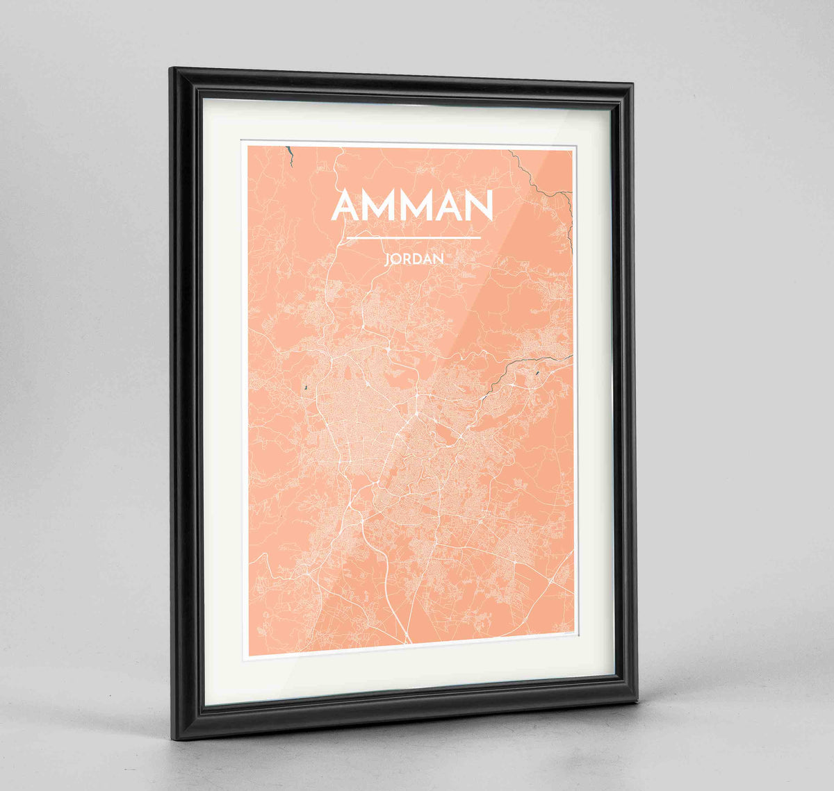 Framed Amman Map Art Print 24x36&quot; Traditional Black frame Point Two Design Group