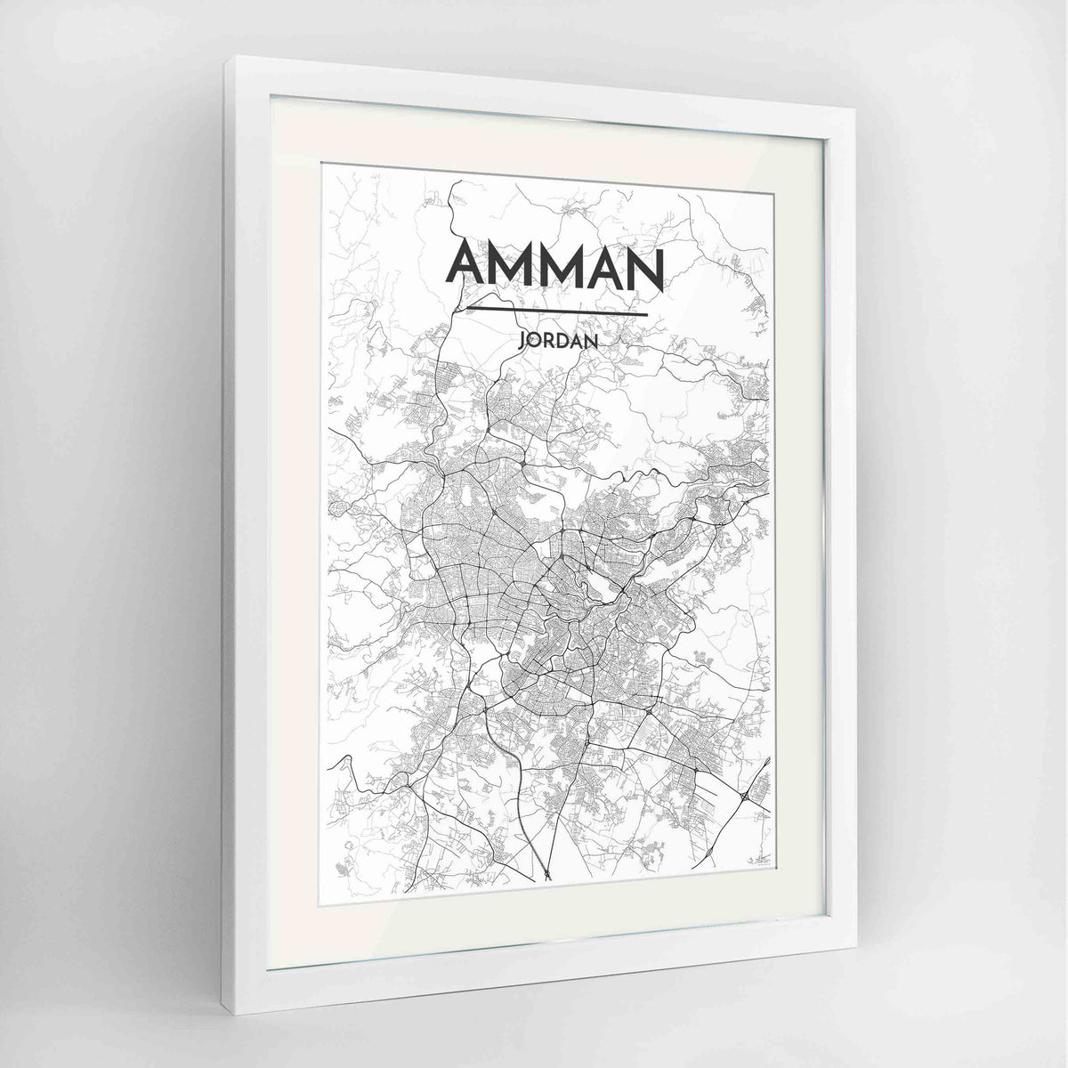Framed Amman Map Art Print 24x36&quot; Contemporary White frame Point Two Design Group