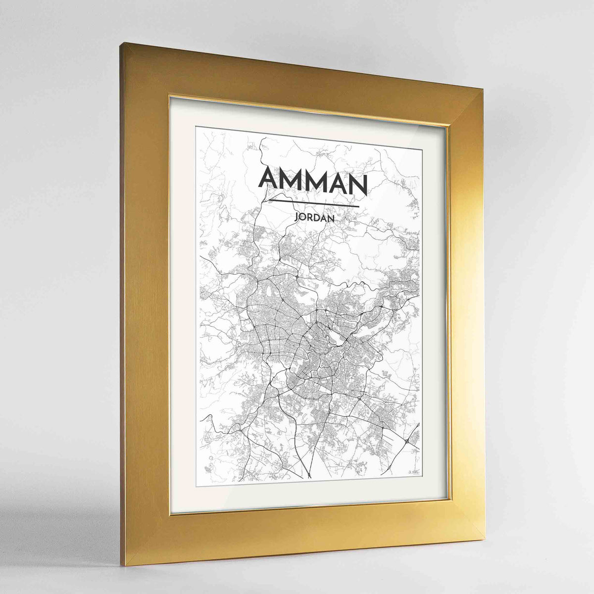 Framed Amman Map Art Print 24x36&quot; Gold frame Point Two Design Group