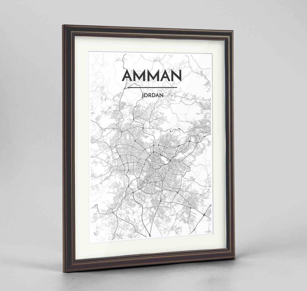 Framed Amman Map Art Print 24x36&quot; Traditional Walnut frame Point Two Design Group