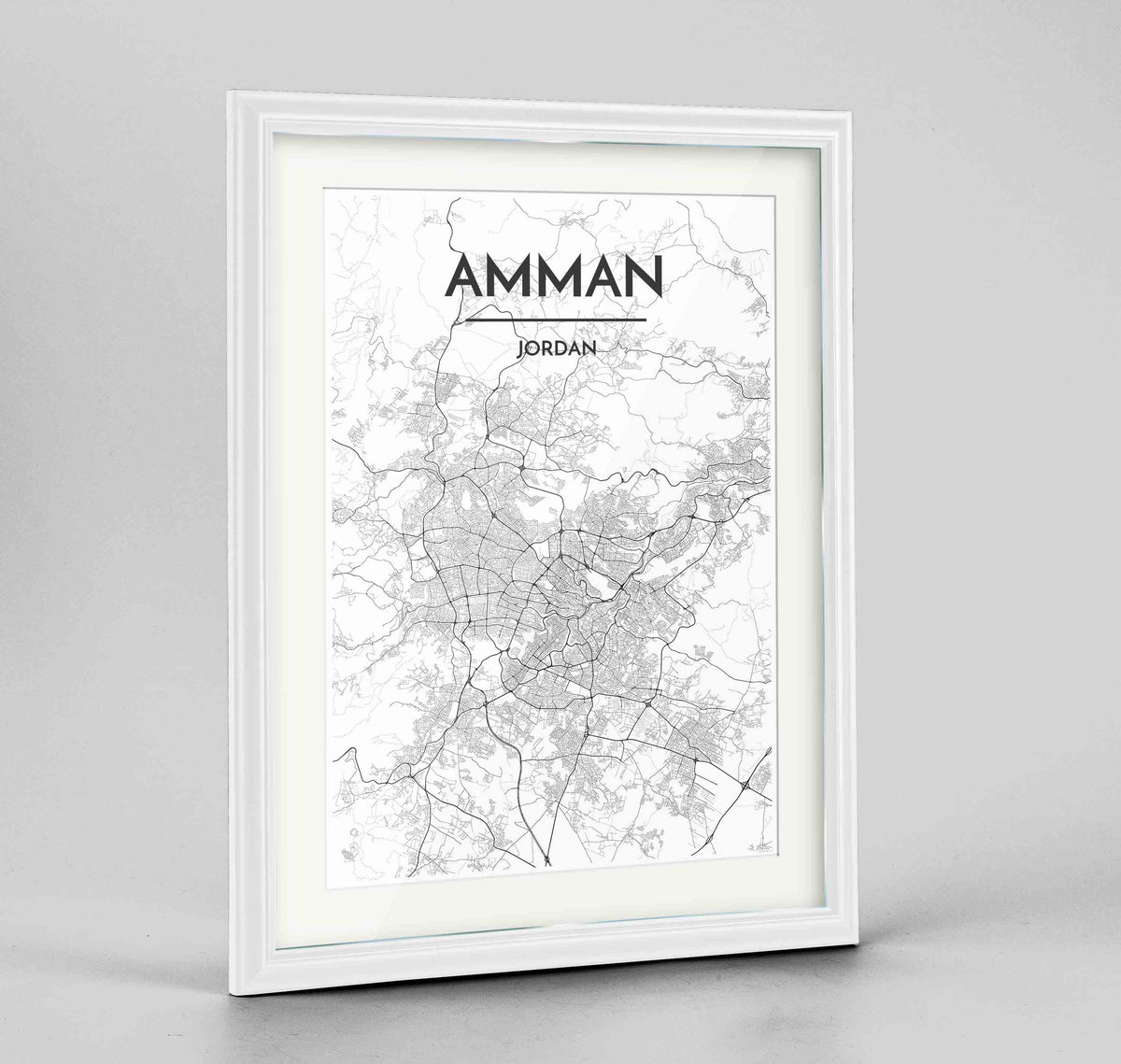 Framed Amman Map Art Print 24x36&quot; Traditional White frame Point Two Design Group