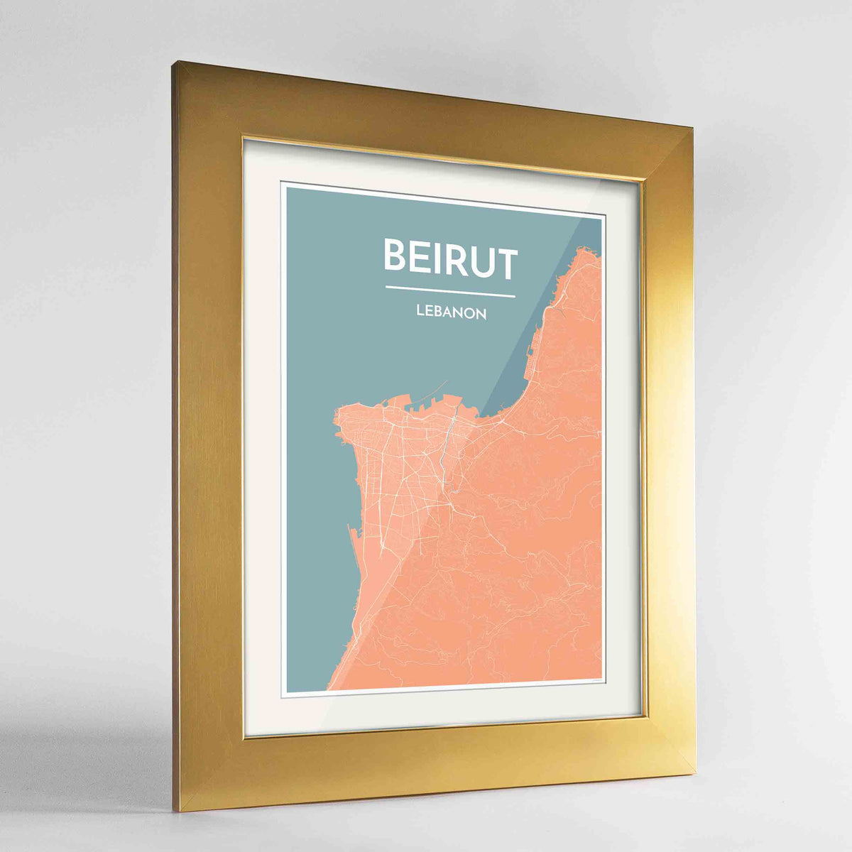 Framed Beirut Map Art Print 24x36&quot; Gold frame Point Two Design Group