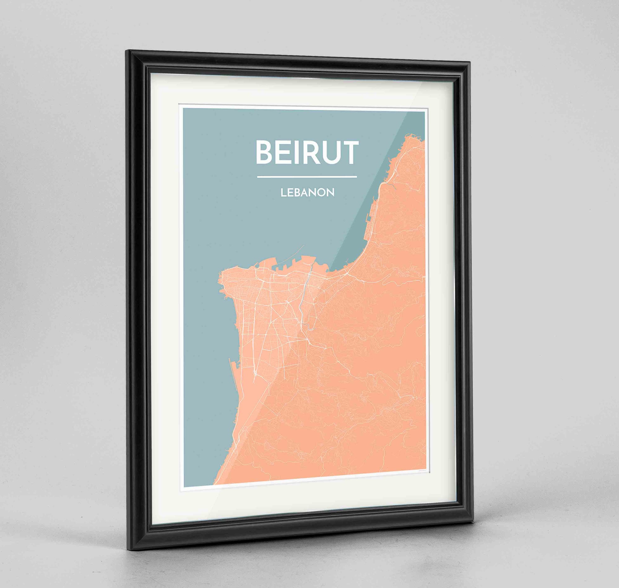 Framed Beirut Map Art Print 24x36" Traditional Black frame Point Two Design Group