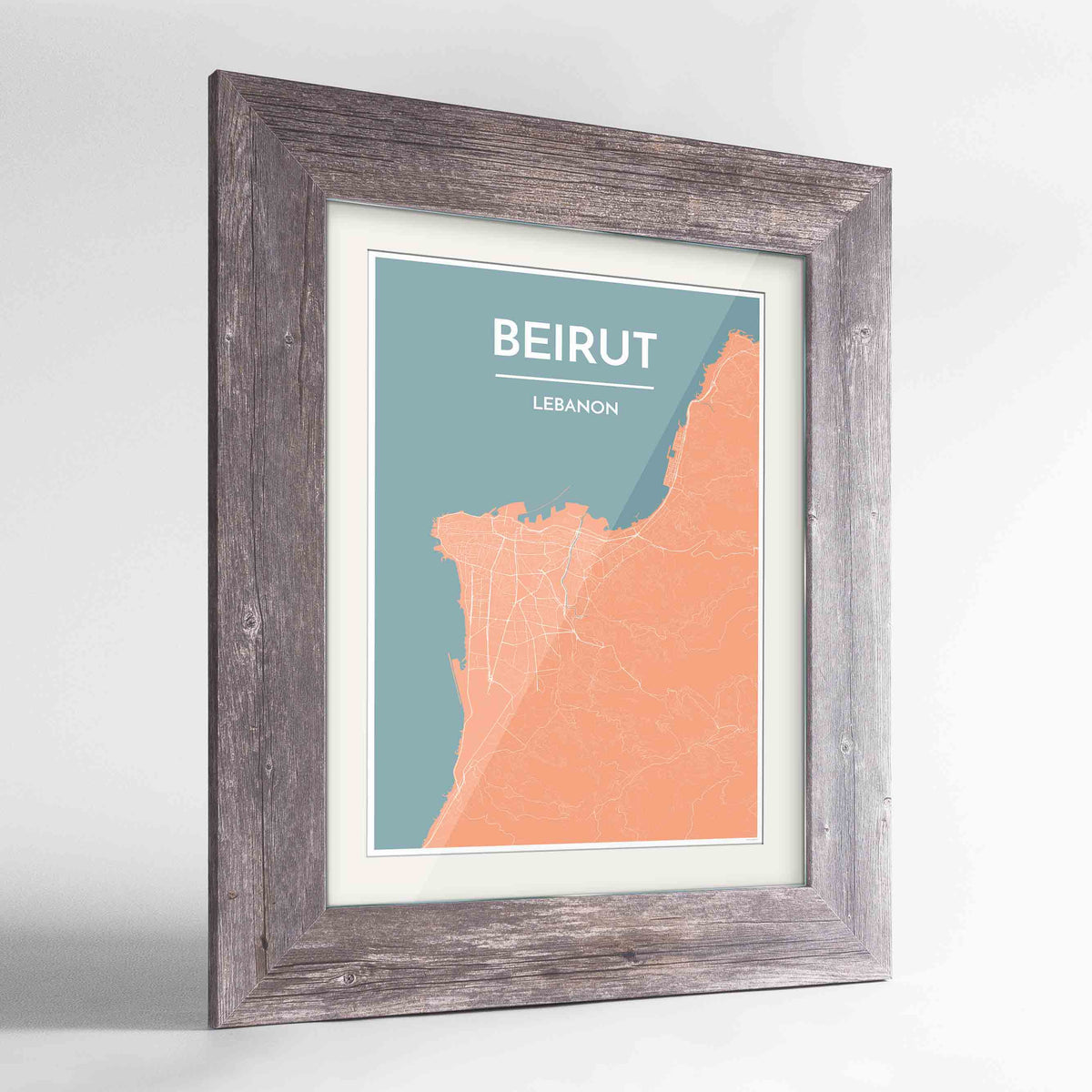 Framed Beirut Map Art Print 24x36&quot; Western Grey frame Point Two Design Group