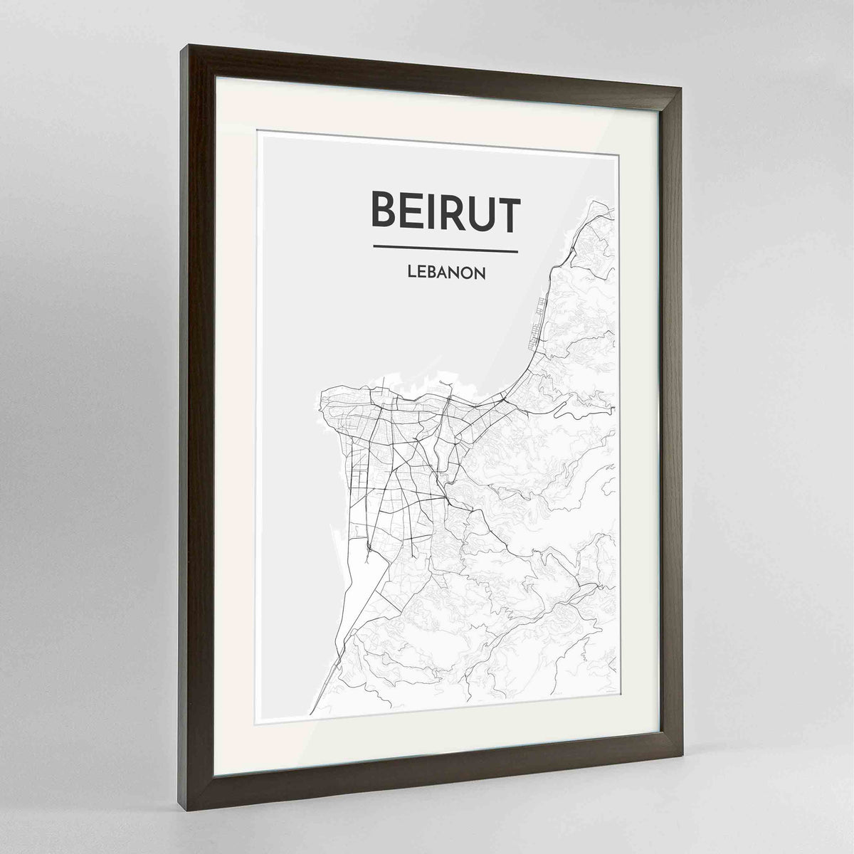 Framed Beirut Map Art Print 24x36&quot; Contemporary Walnut frame Point Two Design Group
