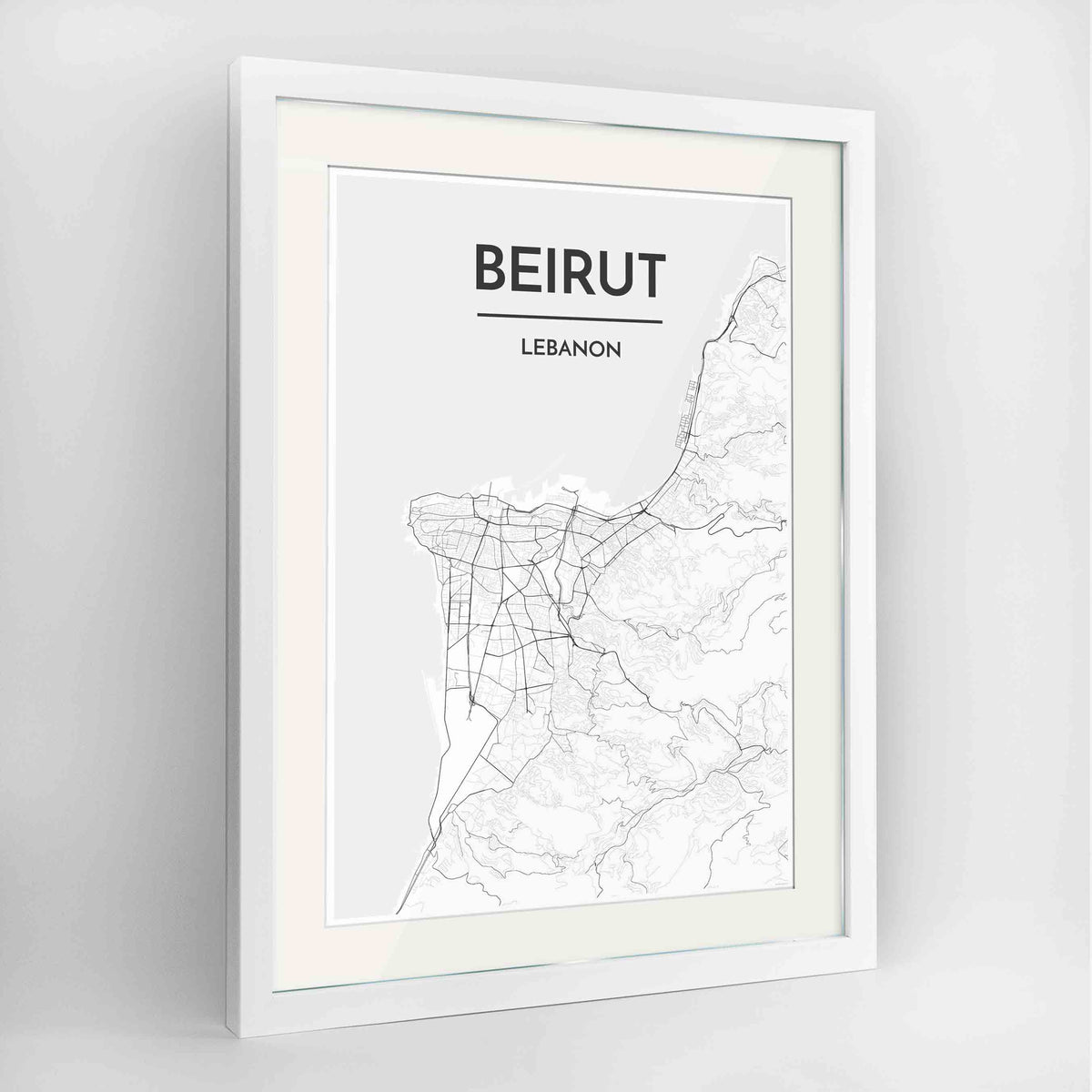 Framed Beirut Map Art Print 24x36&quot; Contemporary White frame Point Two Design Group