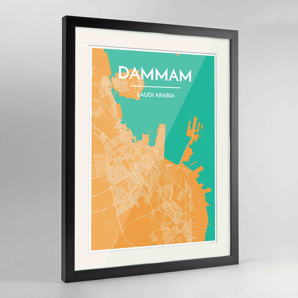 Framed Dammam Map Art Print 24x36&quot; Contemporary Black frame Point Two Design Group