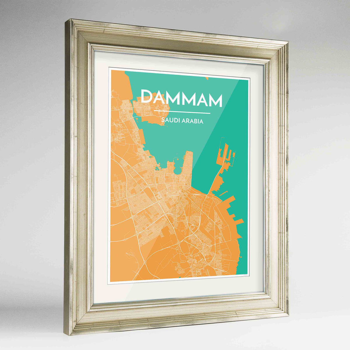 Framed Dammam Map Art Print 24x36&quot; Champagne frame Point Two Design Group