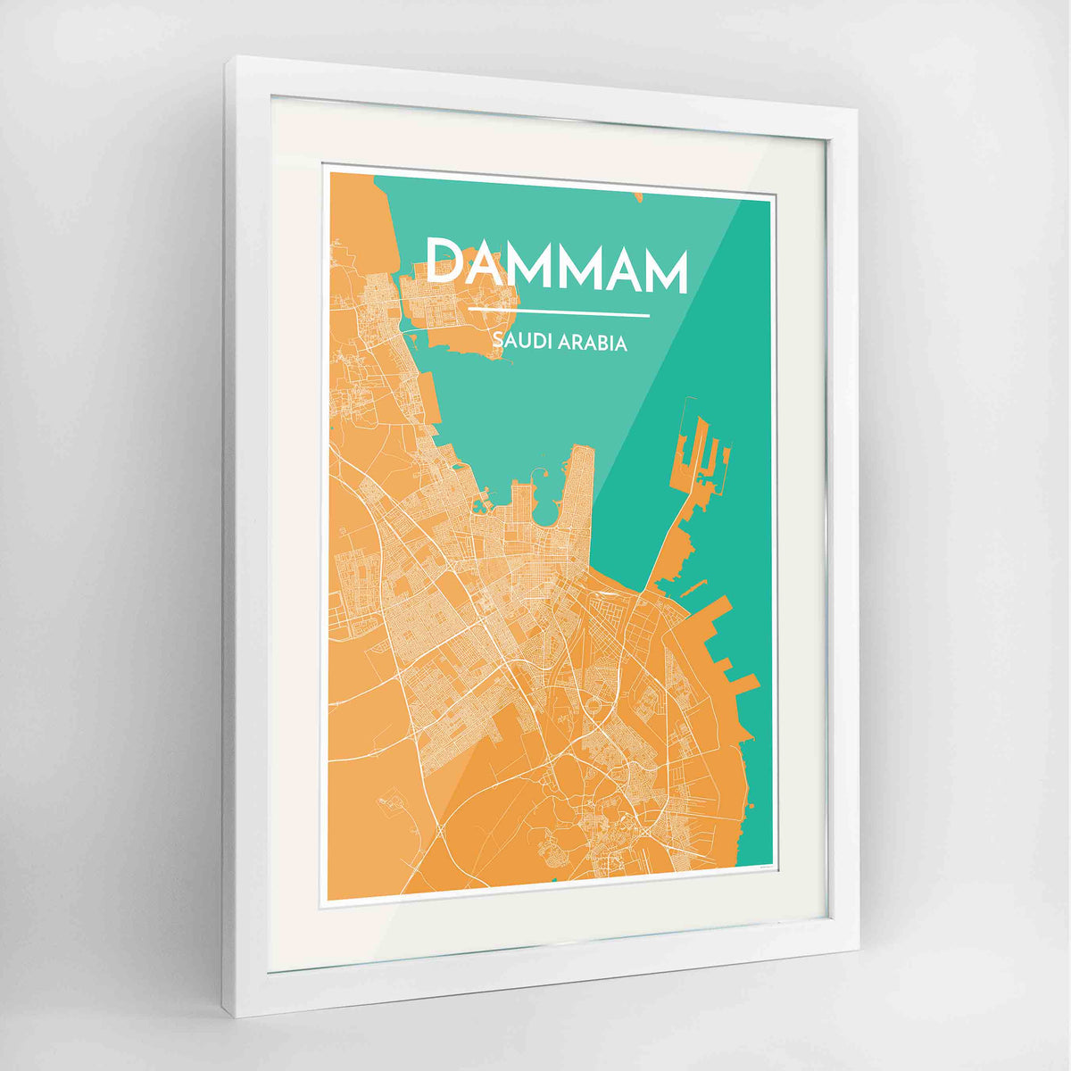Framed Dammam Map Art Print 24x36&quot; Contemporary White frame Point Two Design Group