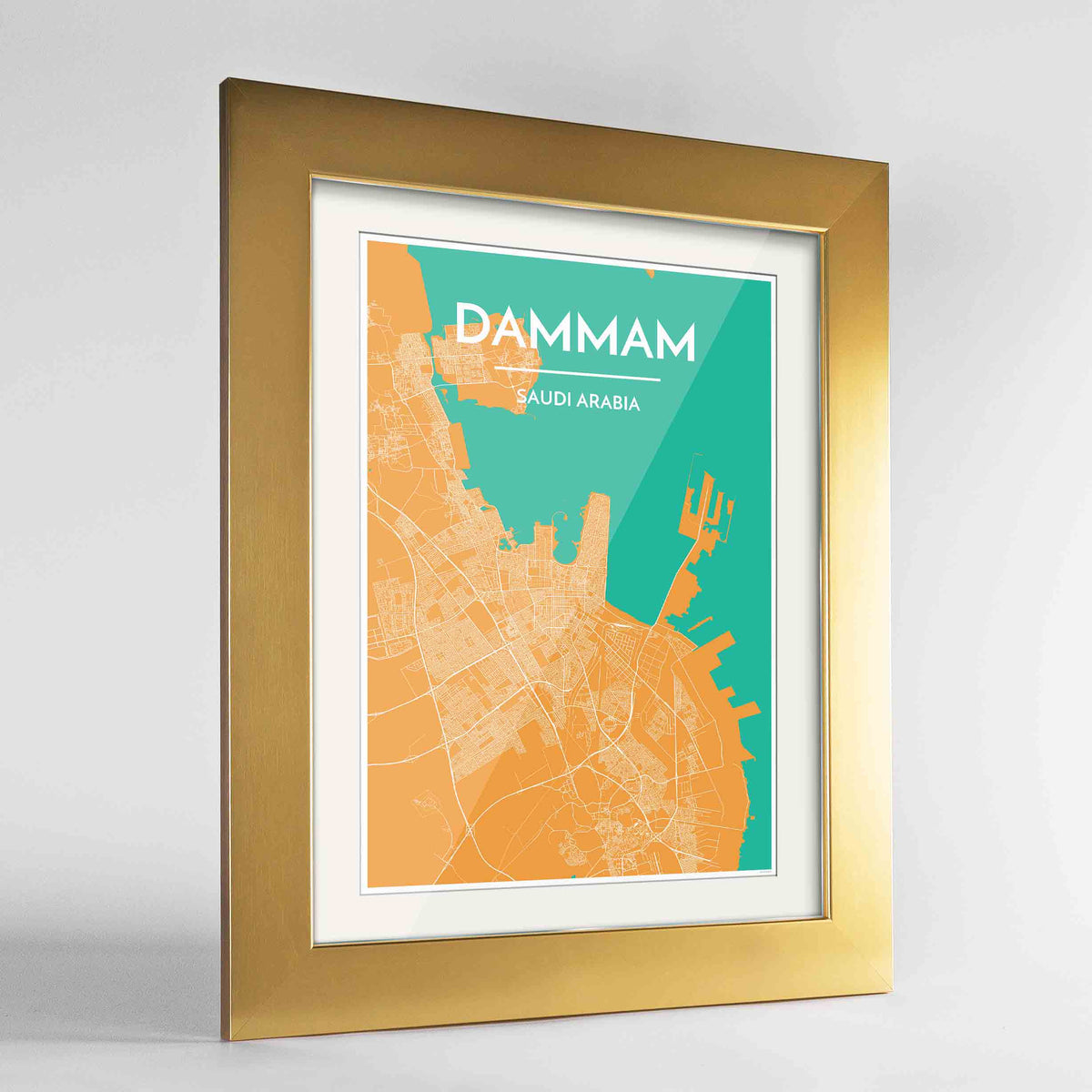 Framed Dammam Map Art Print 24x36&quot; Gold frame Point Two Design Group